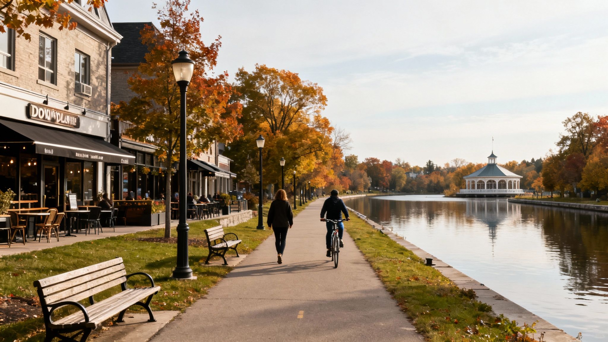 People walk and cycle along a scenic canal path lined with autumn trees and charming waterside buildings.