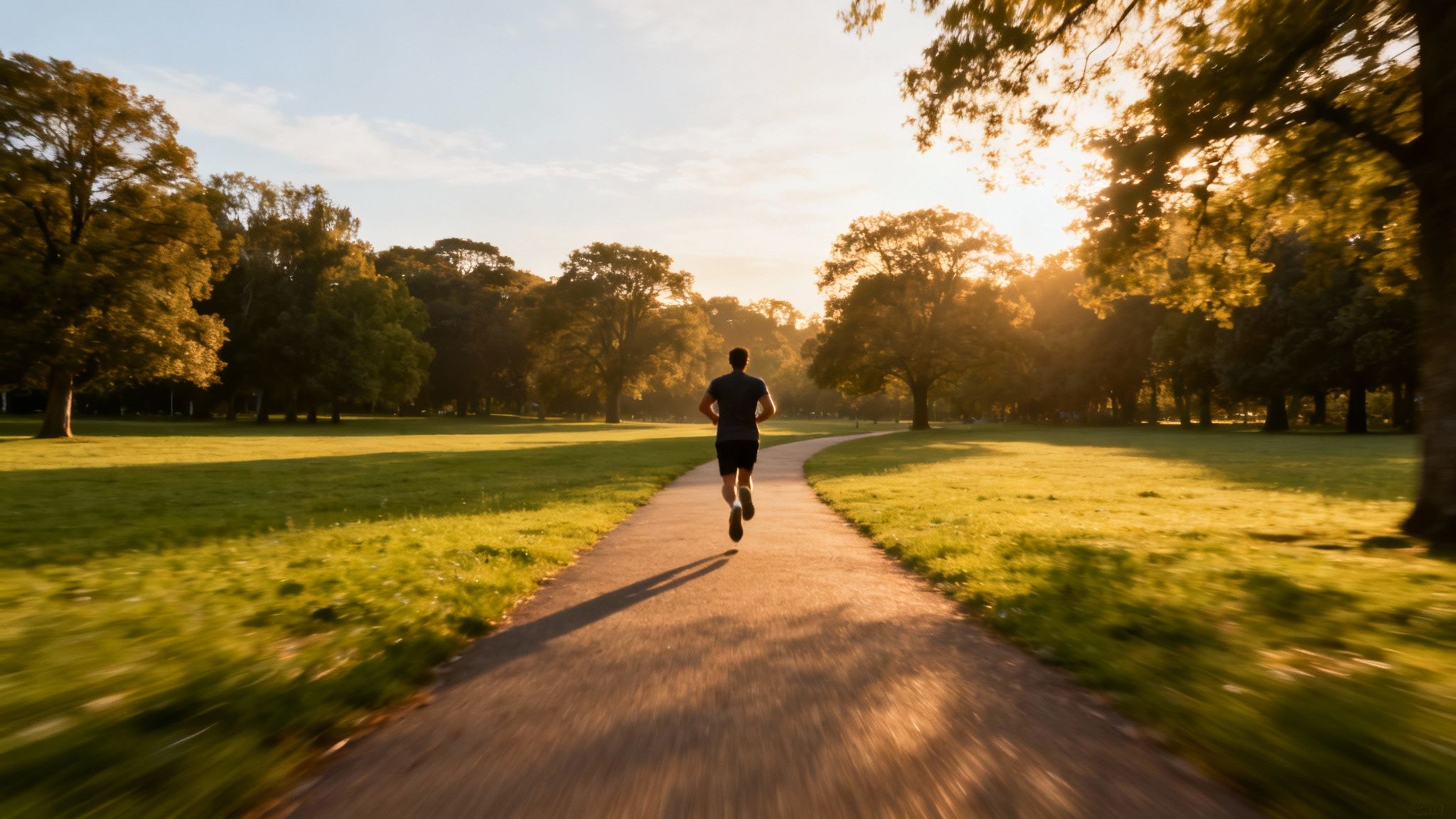 A person runs on a winding park path during sunset, with golden light and green trees.