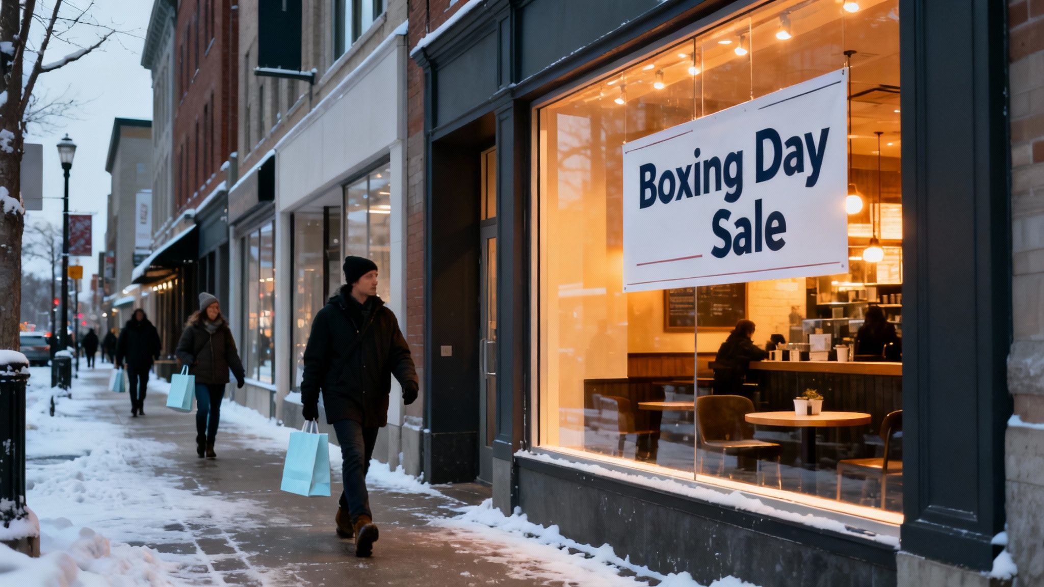 People walk on a snowy street past a store displaying a 'Boxing Day Sale' sign in winter.