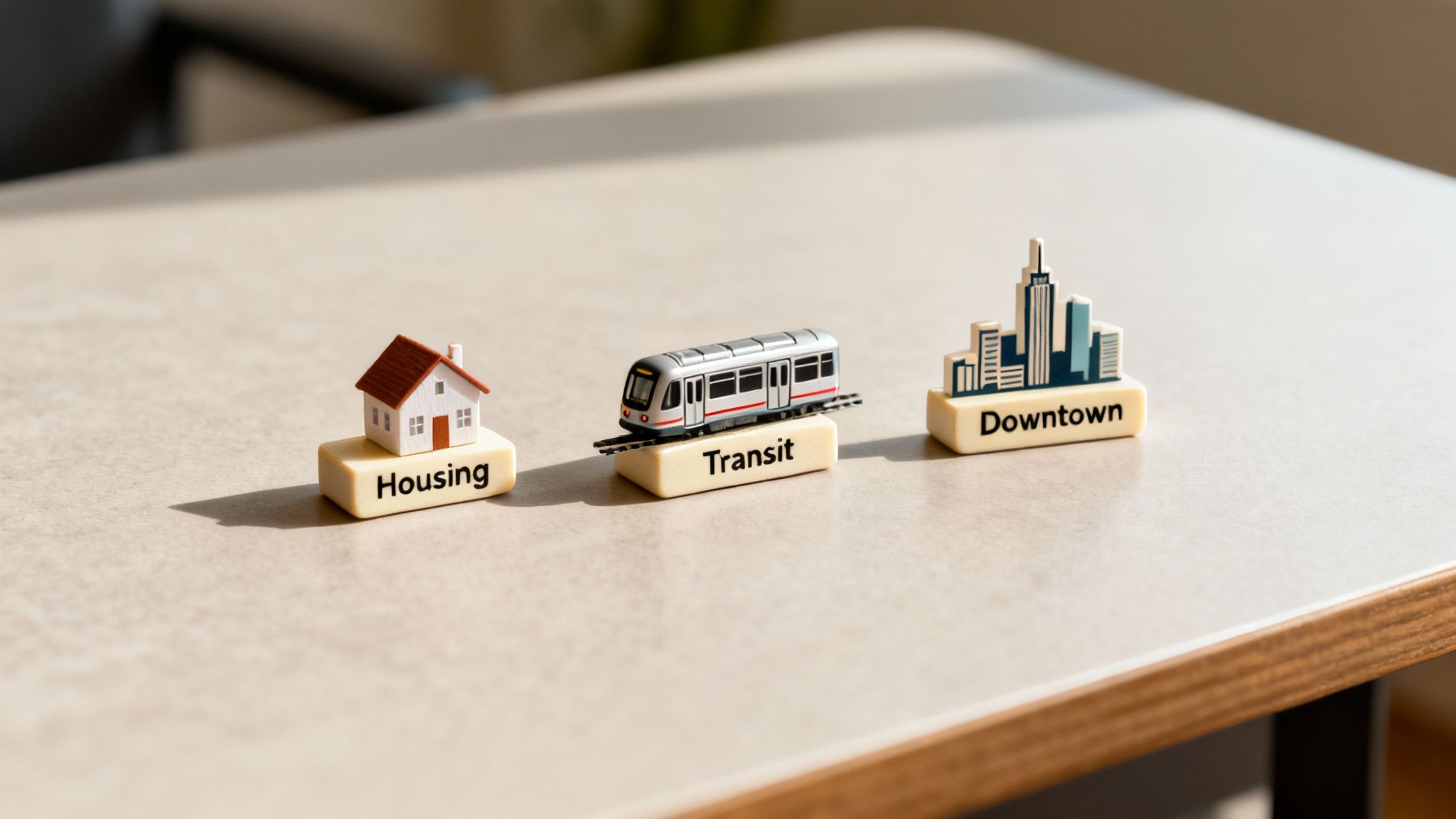 Miniature house, train, and downtown skyline models on blocks labeled Housing, Transit, Downtown.