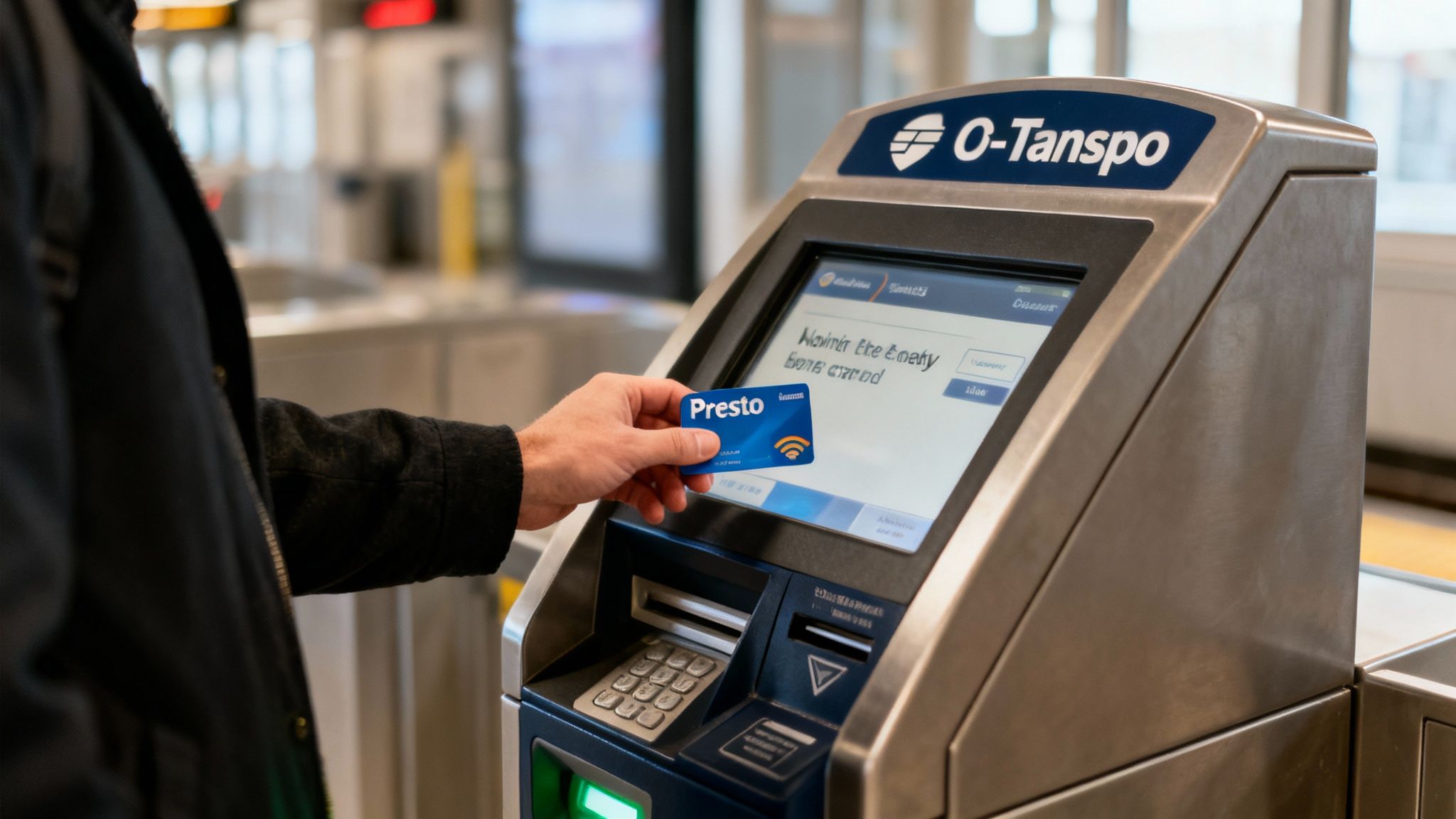 A person's hand taps a blue Presto transit card on an O-Transpo fare machine.