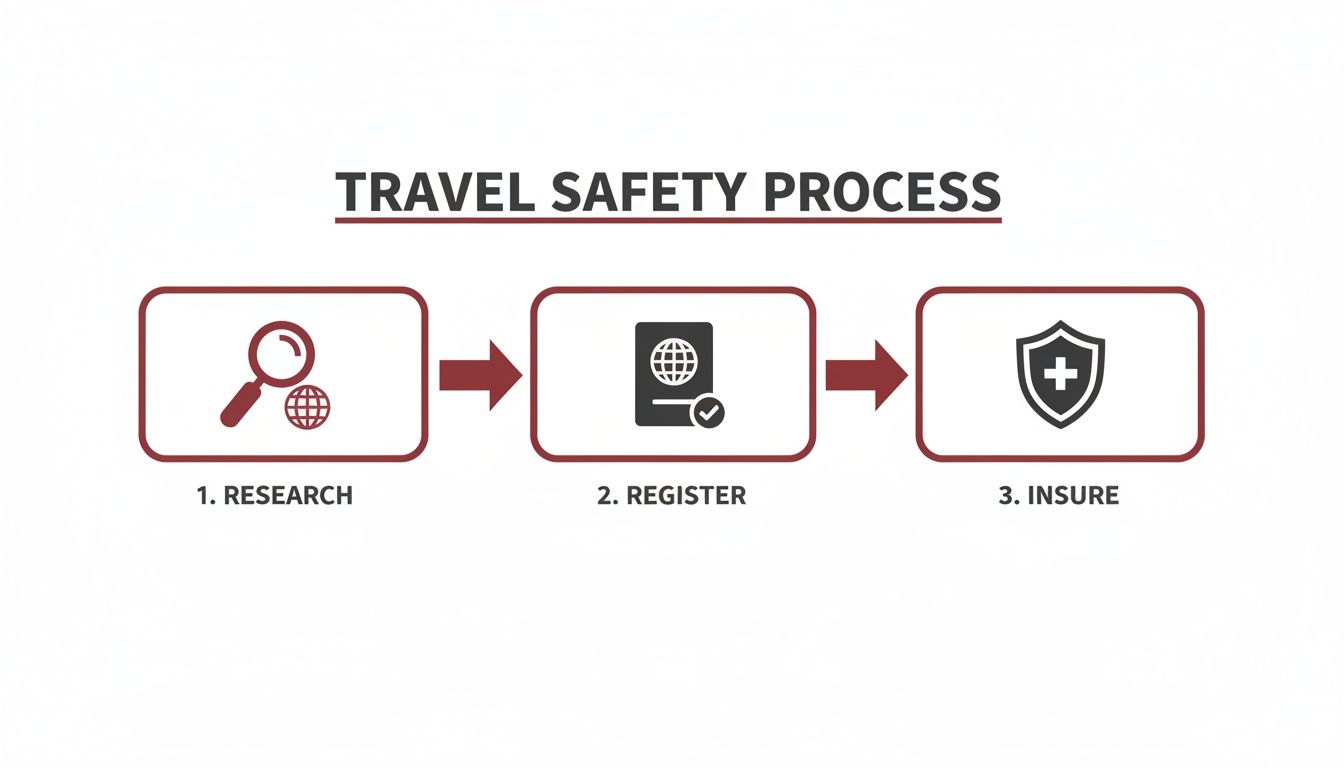 An infographic outlines the three-step travel safety process: research, register, and insure, with corresponding icons.