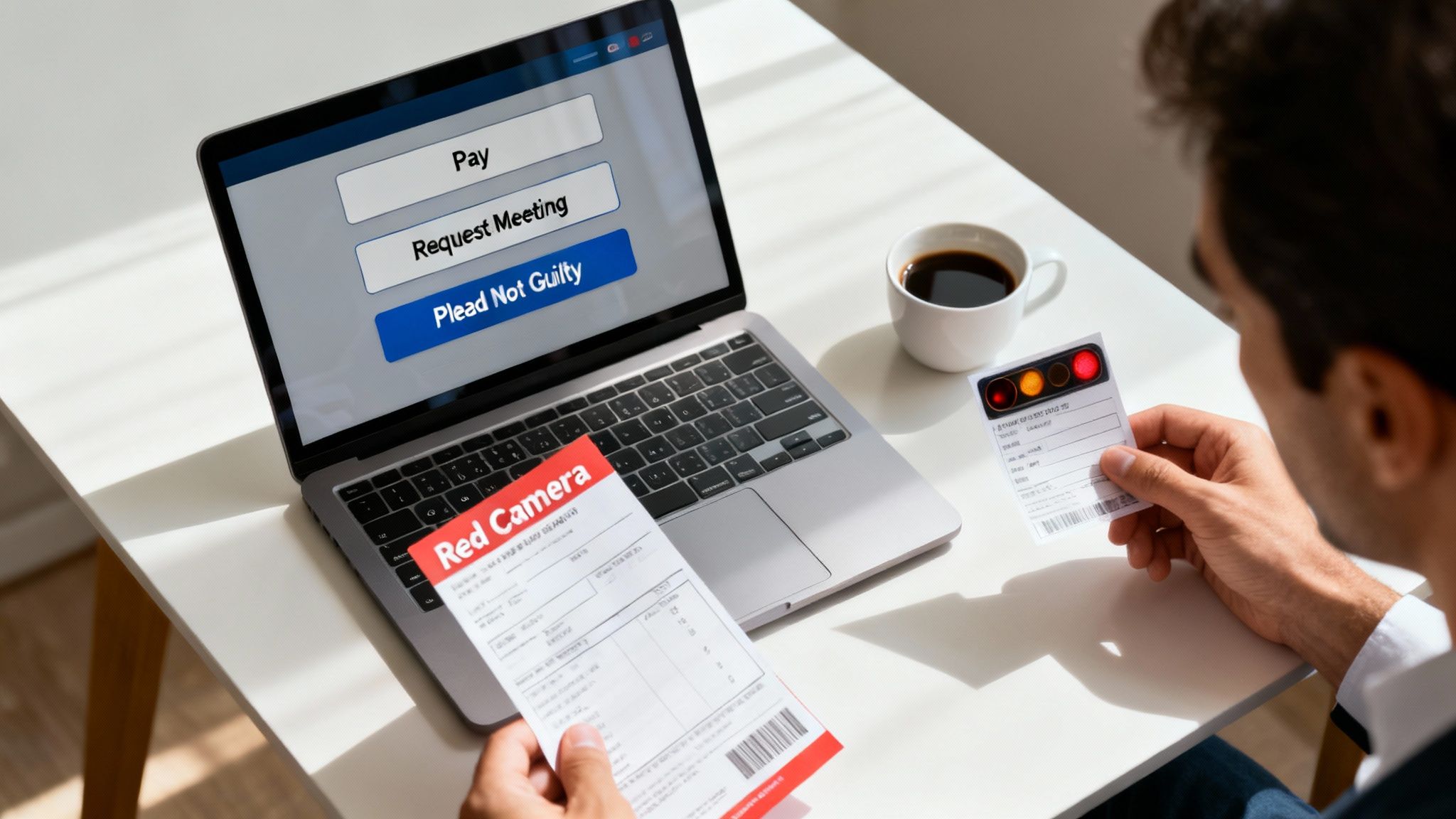 Person holding red light camera ticket viewing traffic violation payment options on laptop screen