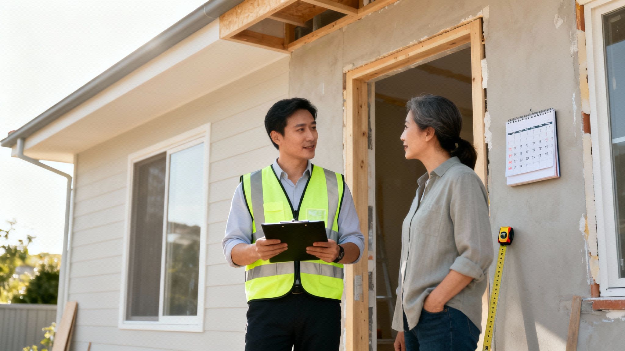 A construction worker in a safety vest discusses plans with a female homeowner outside a house under renovation.