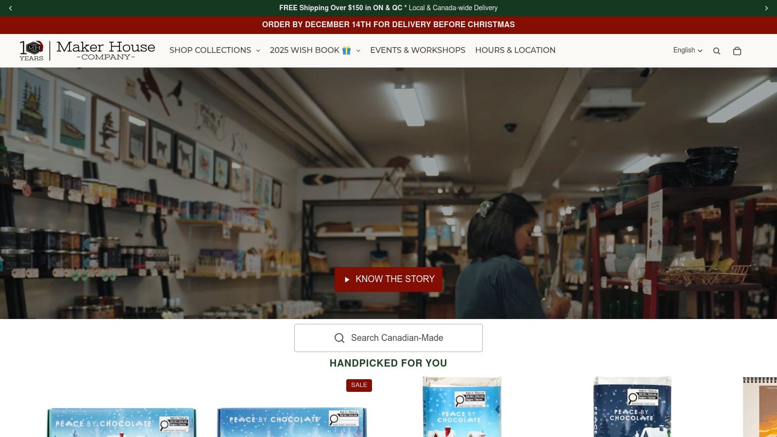 An interior view of Maker House Co., showing a well-lit space with wooden shelves displaying various handmade goods and home decor items.