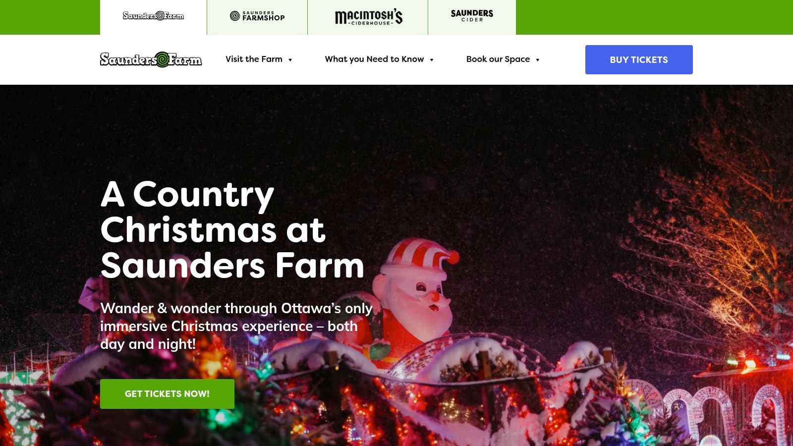 A brightly lit path at Saunders Farm's Holiday Light Stroll, with festive decorations.