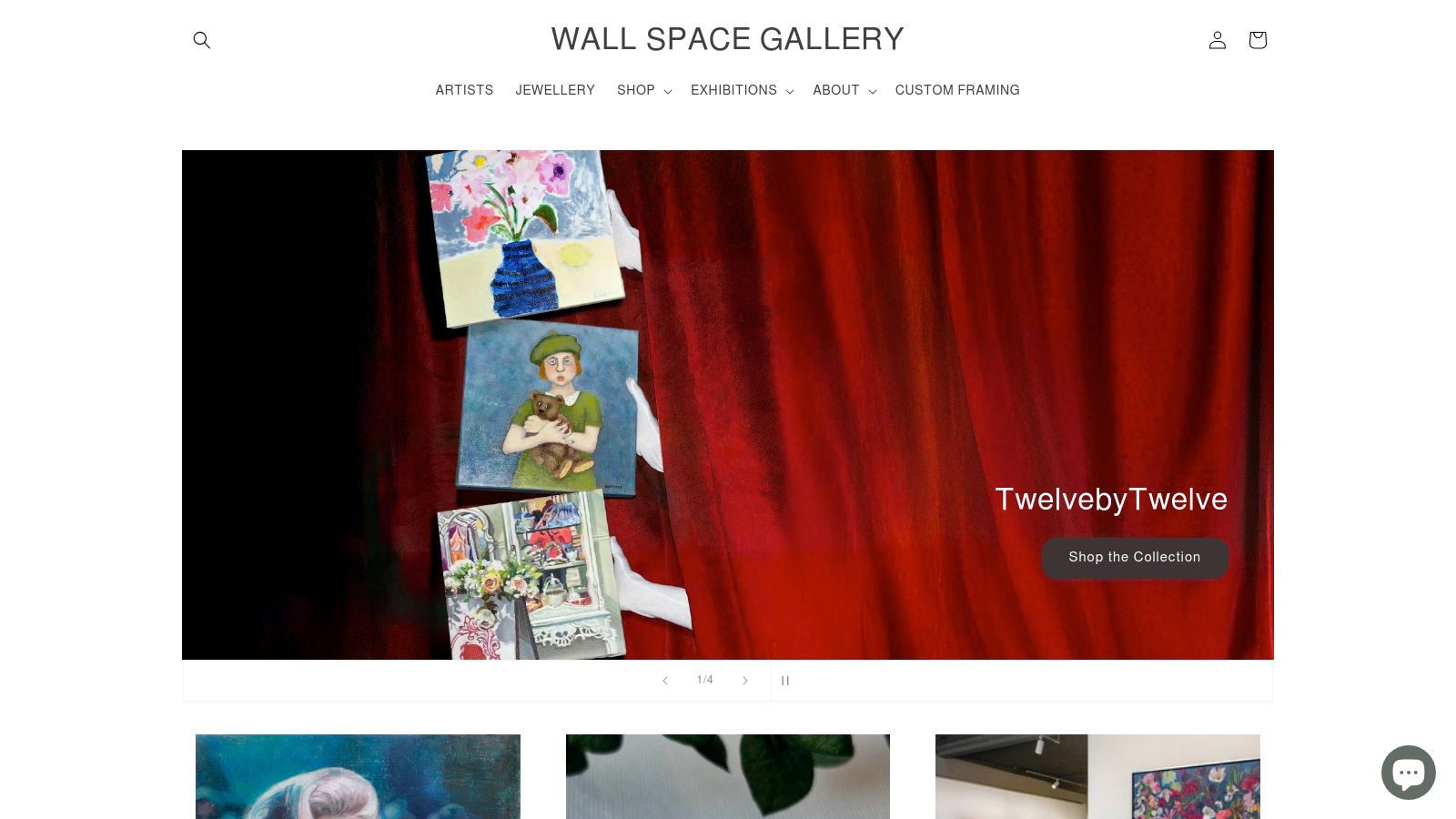 Wall Space Gallery + Framing website homepage showing artworks and navigation menu.