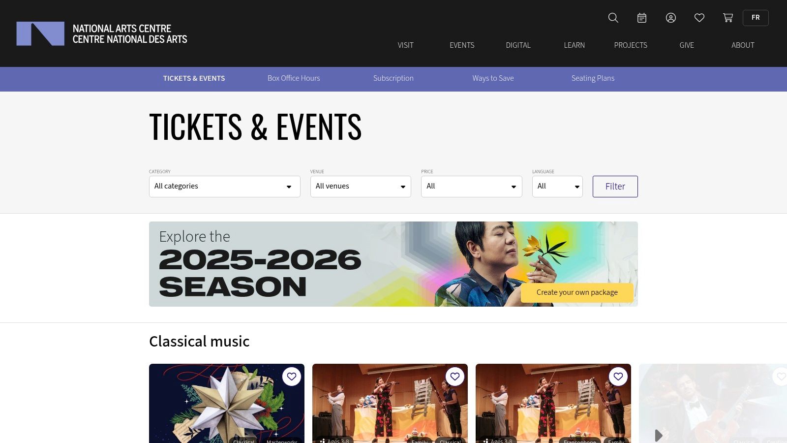 A screenshot of the National Arts Centre's website showing a list of upcoming music events, with filters for genre and date.