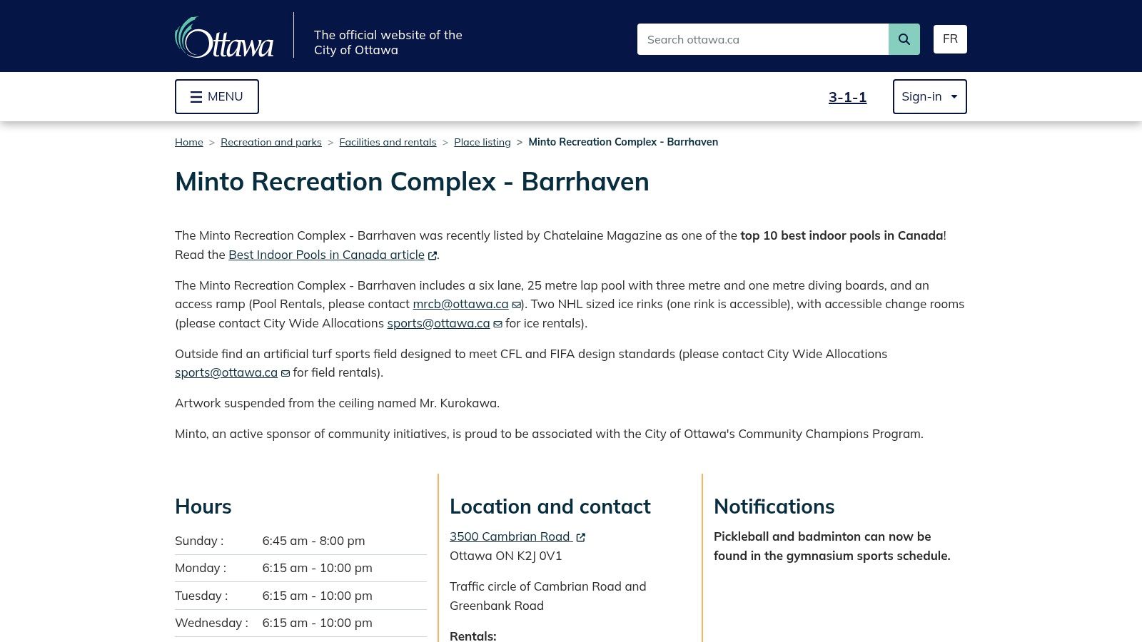 City of Ottawa – Individual arena pages (example: Minto Recreation Complex)