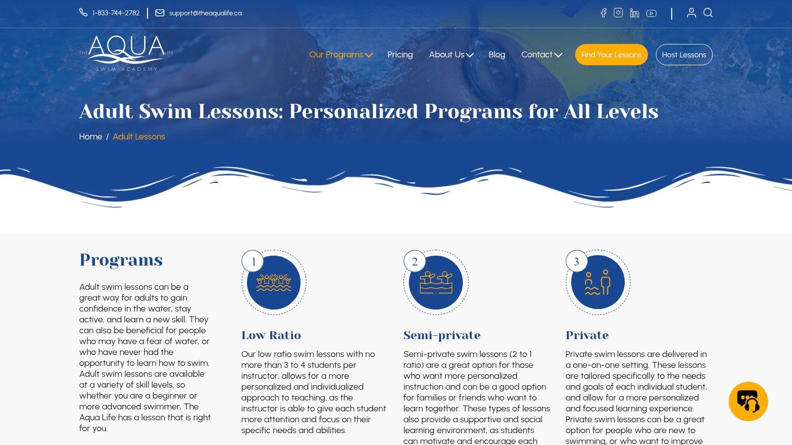 A collage of images showing swimmers in action, highlighting The Aqua Life Swim Academy's diverse programs for adults in Ottawa.