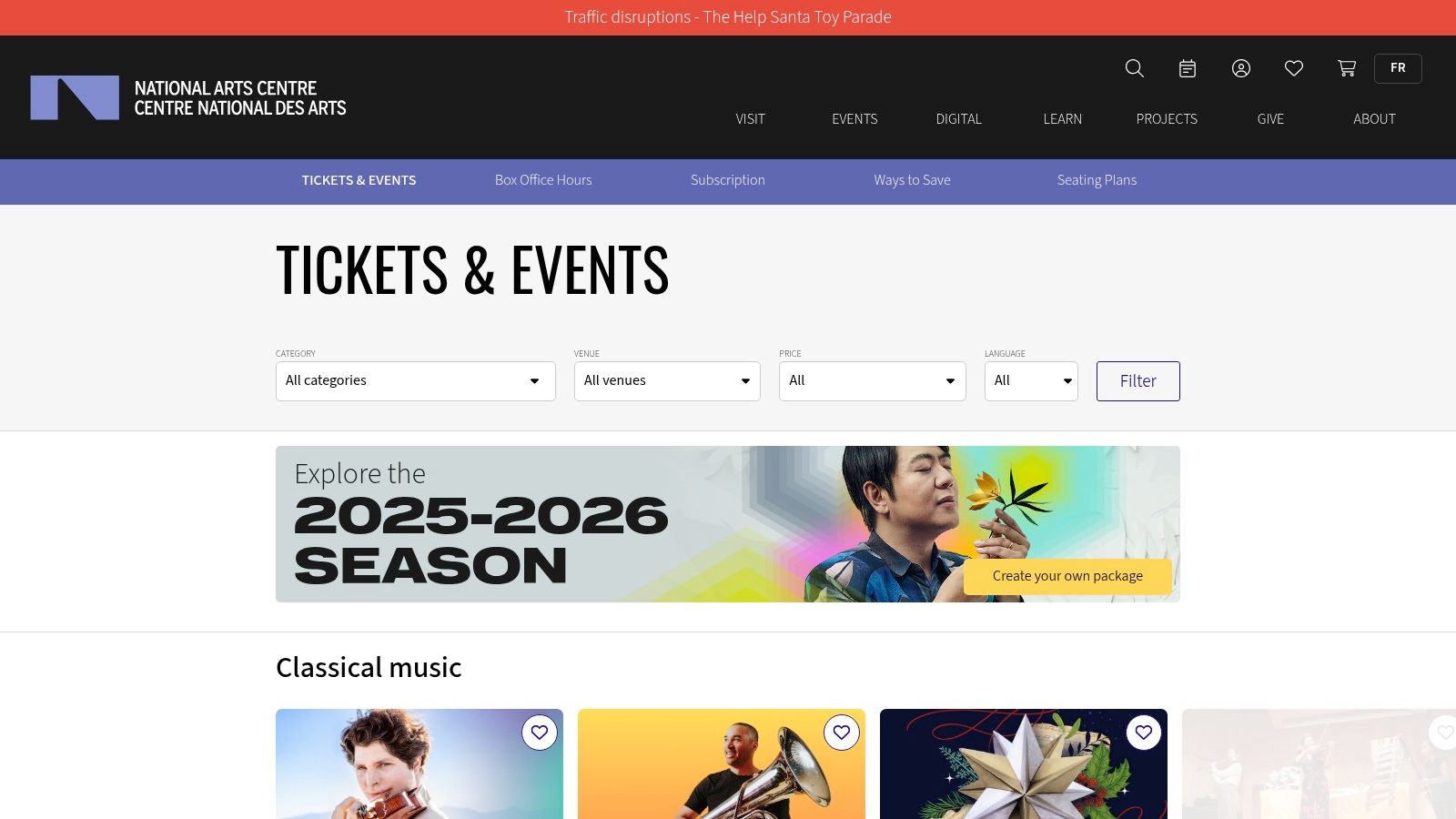 A screenshot of the National Arts Centre (NAC) website, showing its event calendar and featured performances.