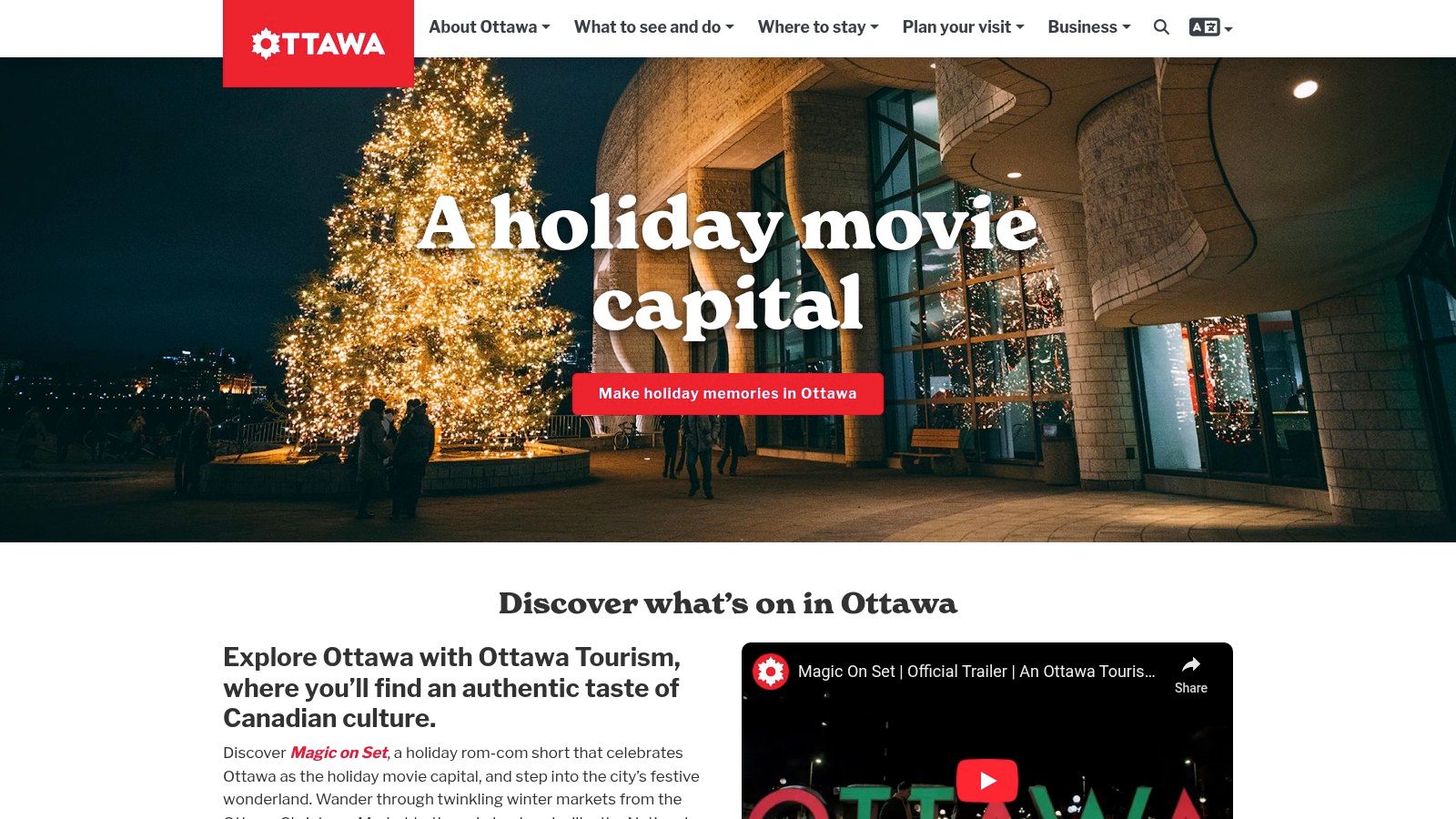 A festive scene in Ottawa showcasing holiday lights and decorations.