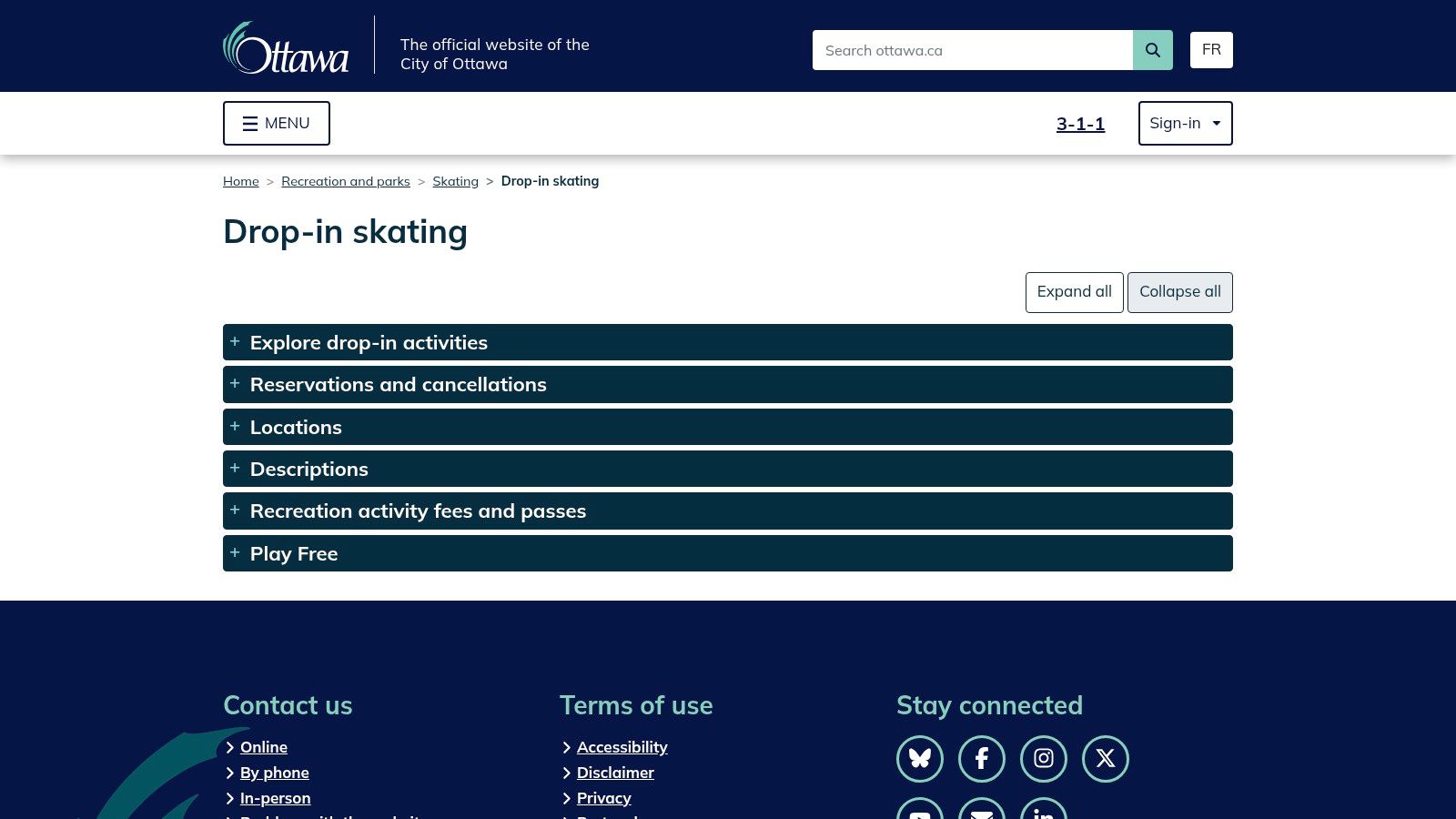 A screenshot of the City of Ottawa Recreation website, showing schedules for drop-in skating.