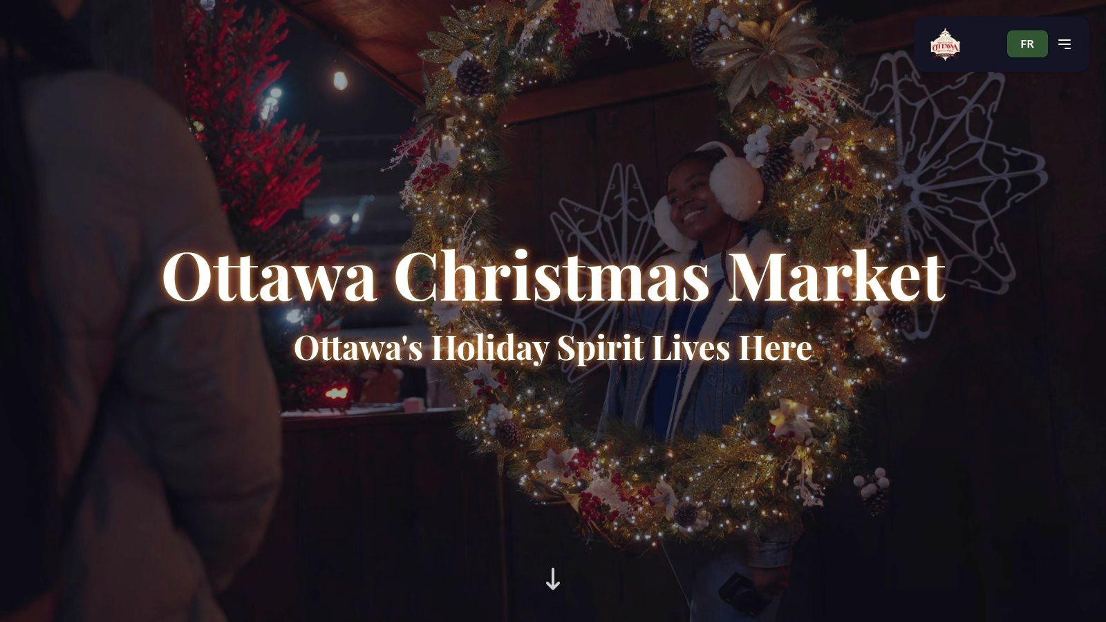Shoppers exploring the festive wooden cabins under twinkling lights at the Ottawa Christmas Market in Lansdowne.