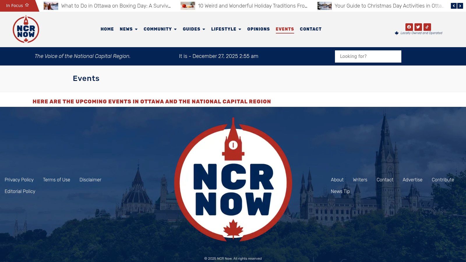 A screenshot of the 'Events in Ottawa' webpage, showing a clean layout with event listings categorized by date and type.
