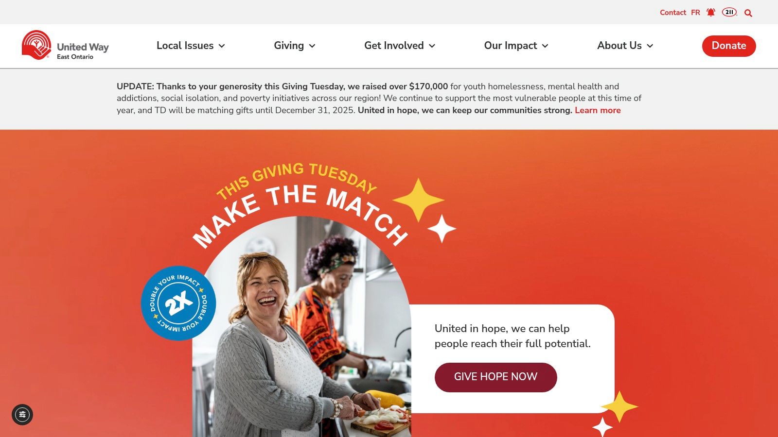 A promotional graphic for the United Way East Ontario's Giving Tuesday campaign, featuring their logo and a call to action.