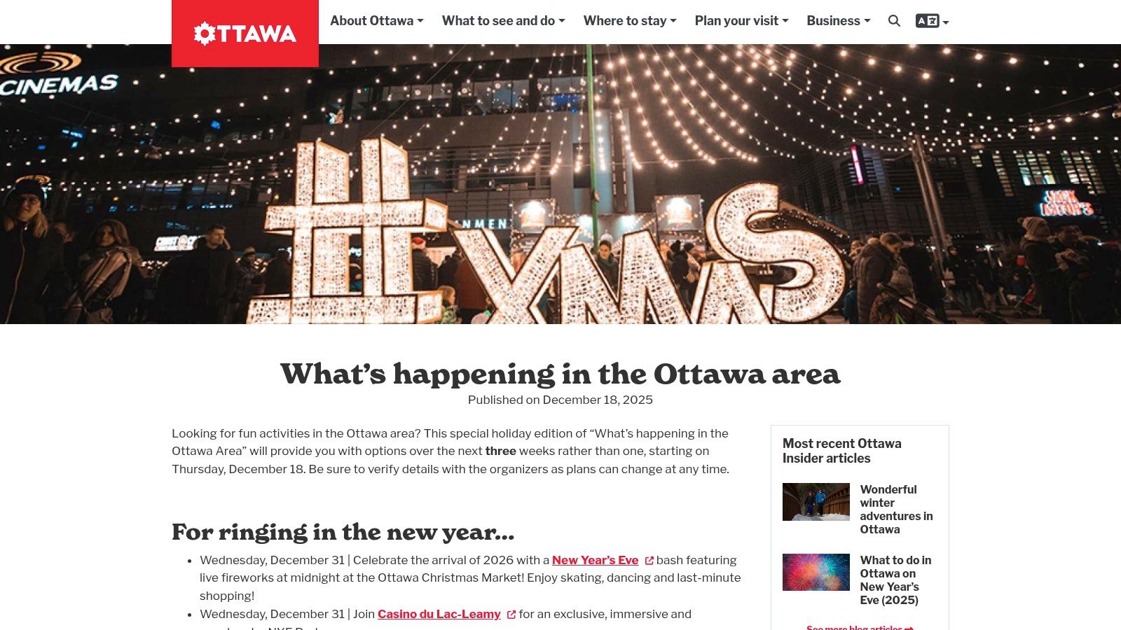 Christmas lights display featured on the Ottawa Tourism website, showcasing a winter event in the city.
