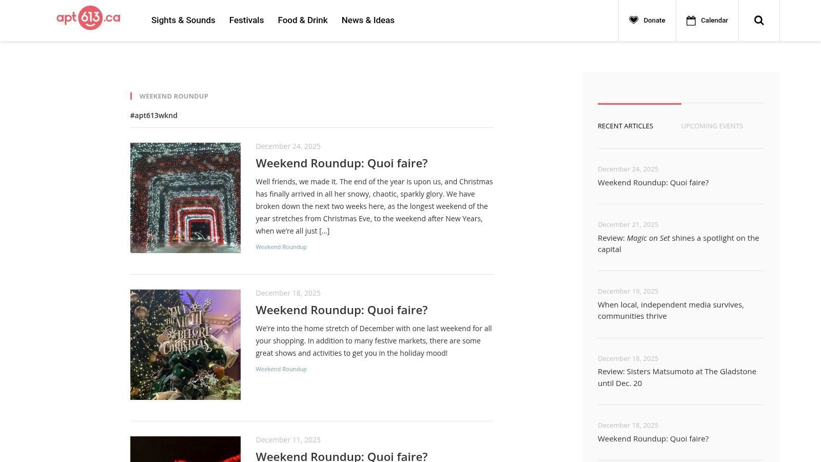 Apartment613 website showcasing a local holiday market, a typical event featured in their Weekend Roundup.