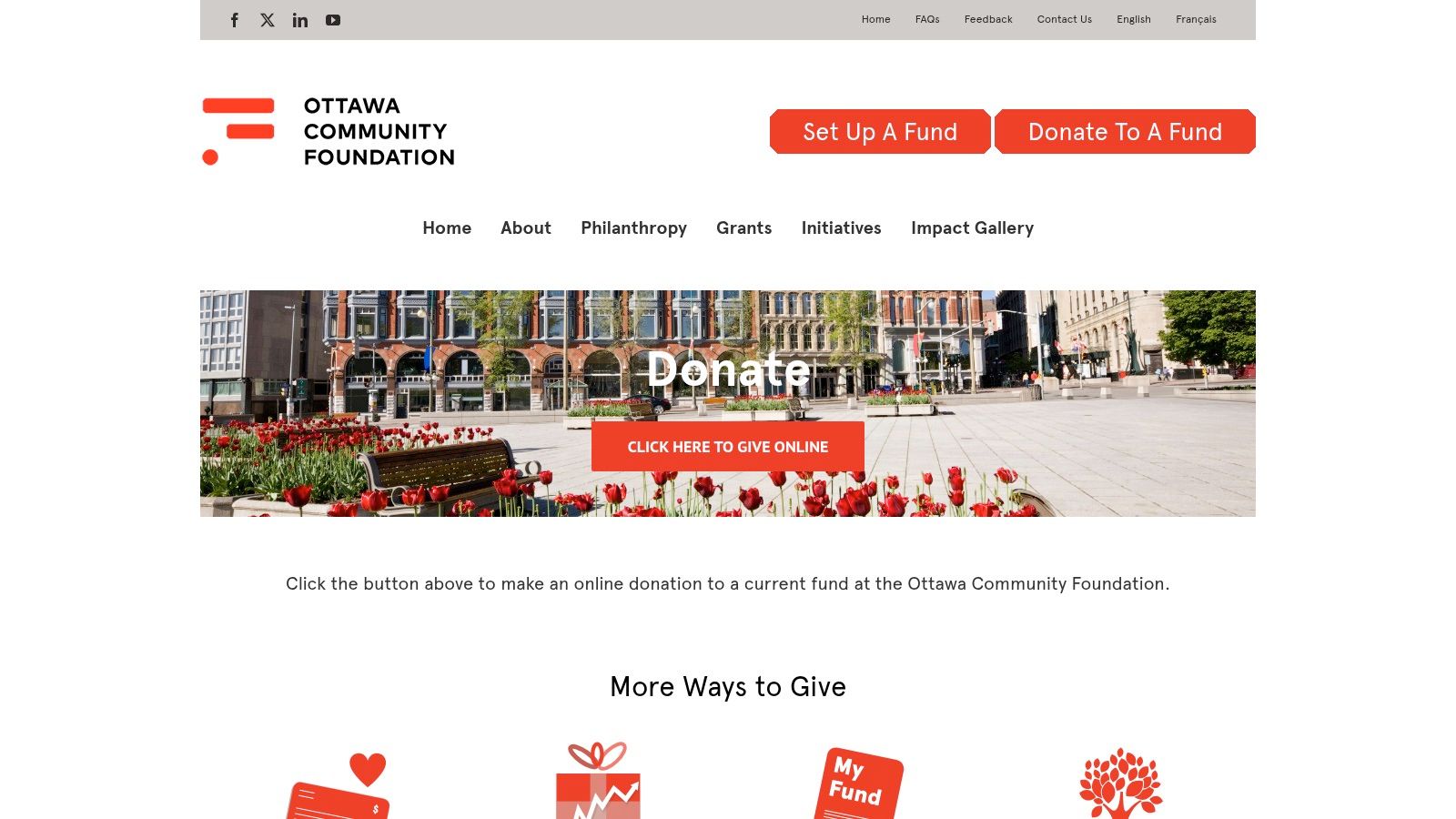 A screenshot of the Ottawa Community Foundation's donation page, showing options for giving to different community funds and causes.