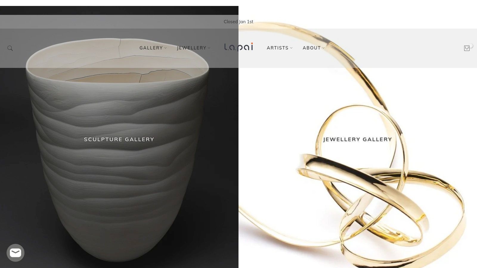 A well-lit gallery interior showcasing contemporary sculptural ceramics and jewellery on display stands.