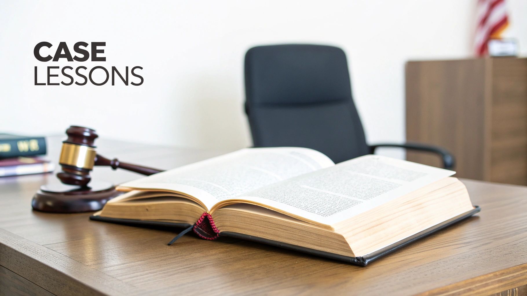 An open law book, a gavel, and 'CASE LESSONS' text on a wooden desk in a courtroom setting.