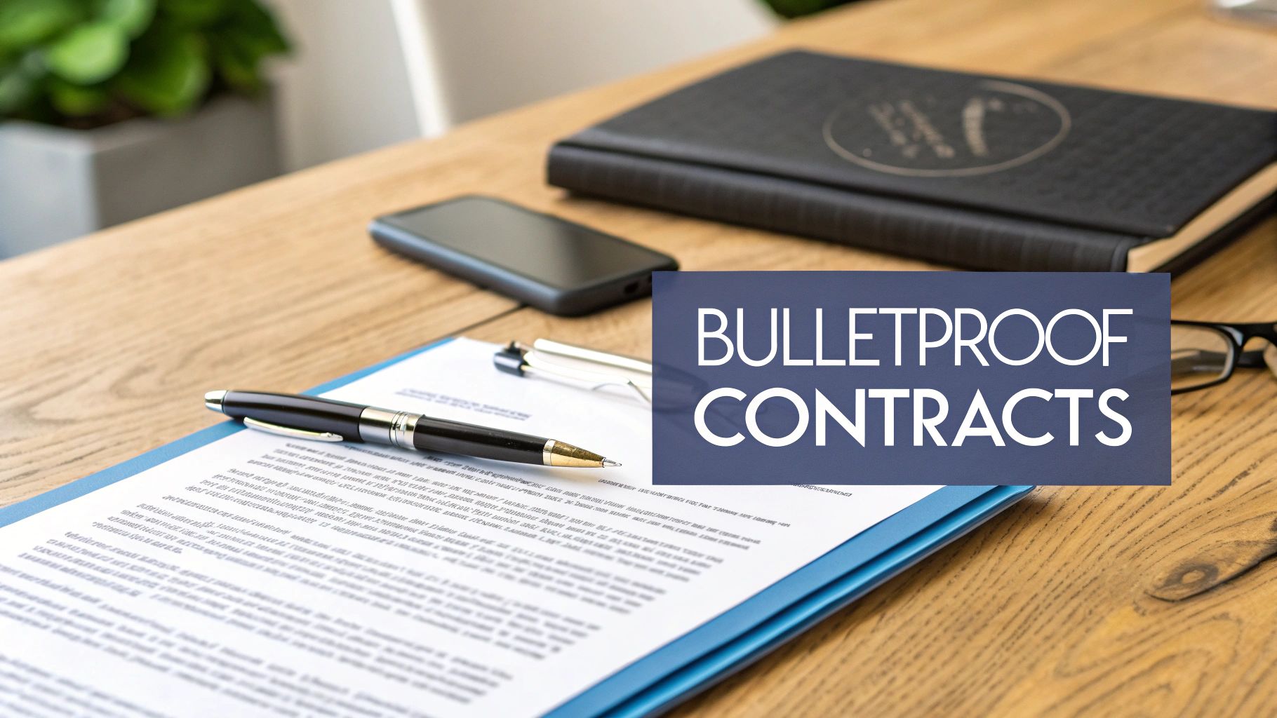 A business lawyer reviewing and signing a contract at a desk with a client