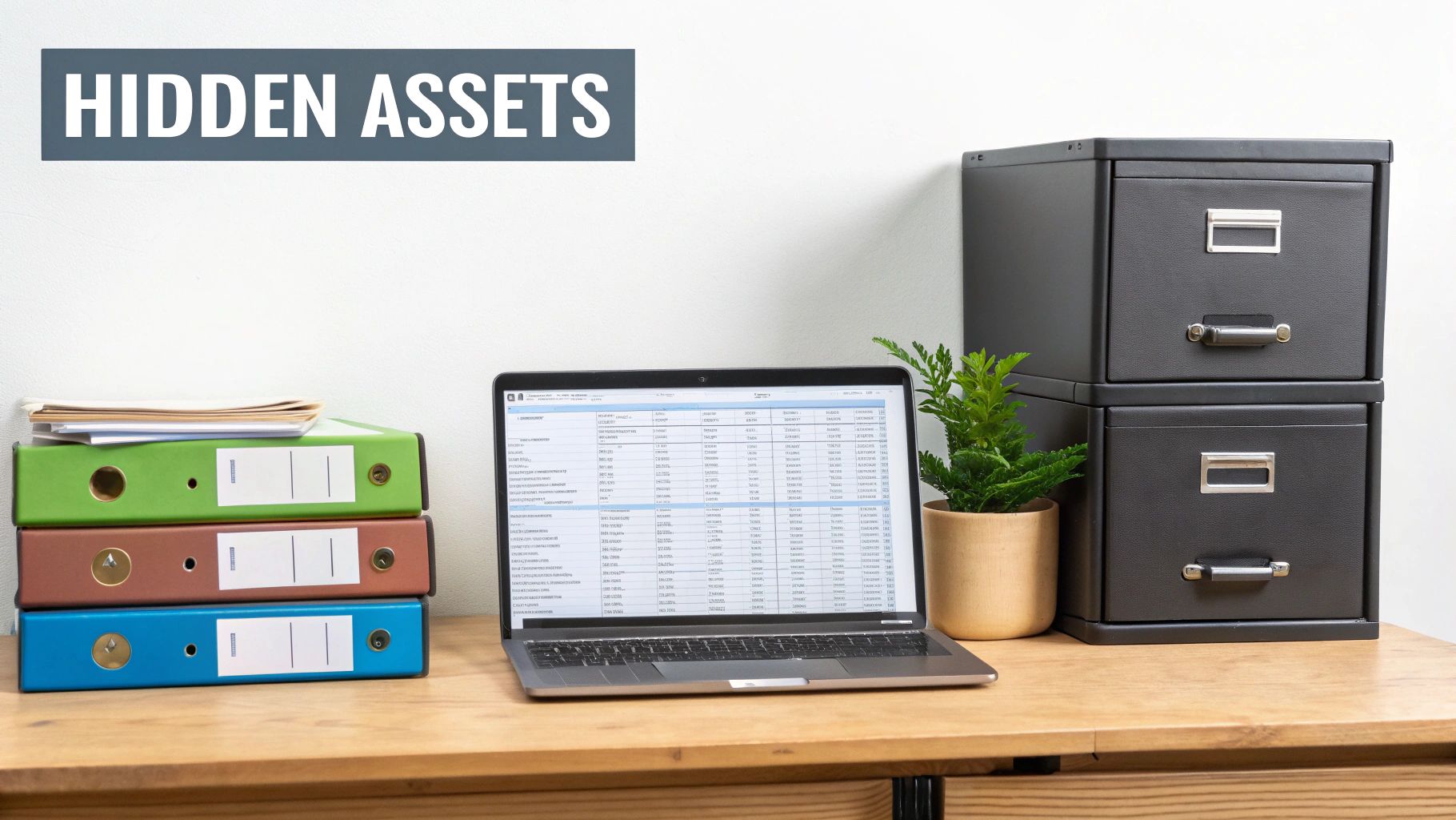 An office desk with a laptop displaying data, colorful binders, and two filing cabinets.