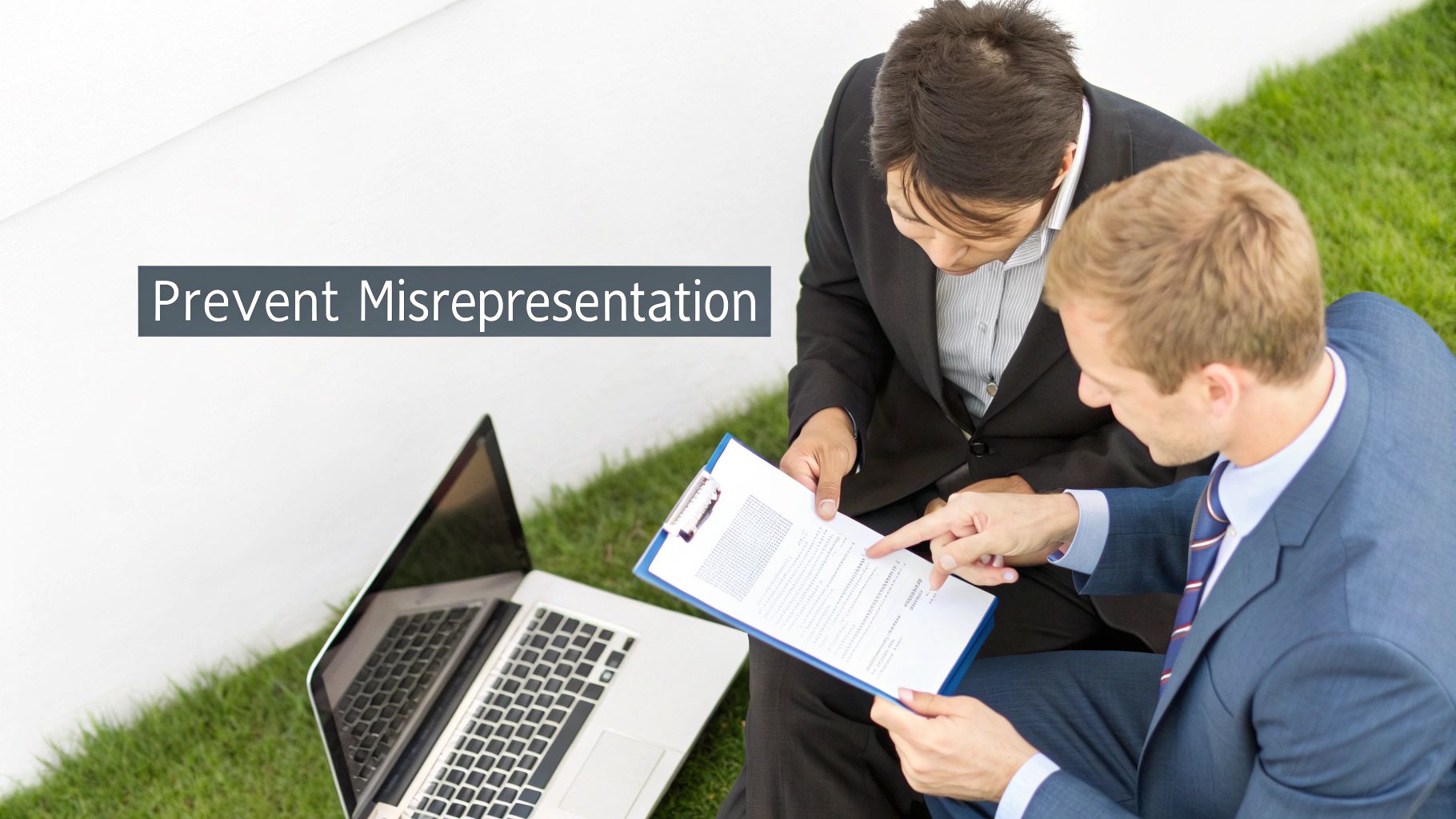 Two businessmen review documents on grass with a laptop, preventing misrepresentation in a contract.