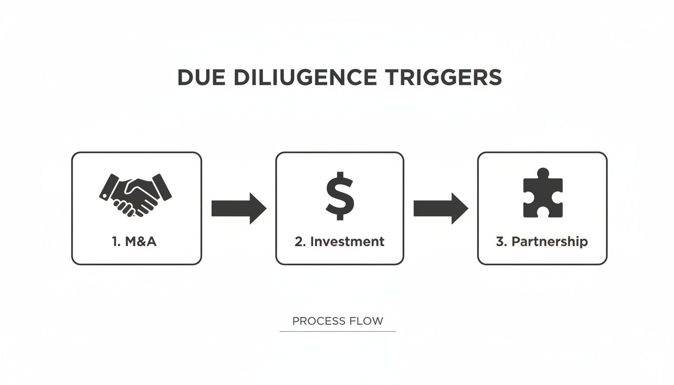 Diagram showing due diligence triggers: M&A, Investment, and Partnership, illustrated with icons.