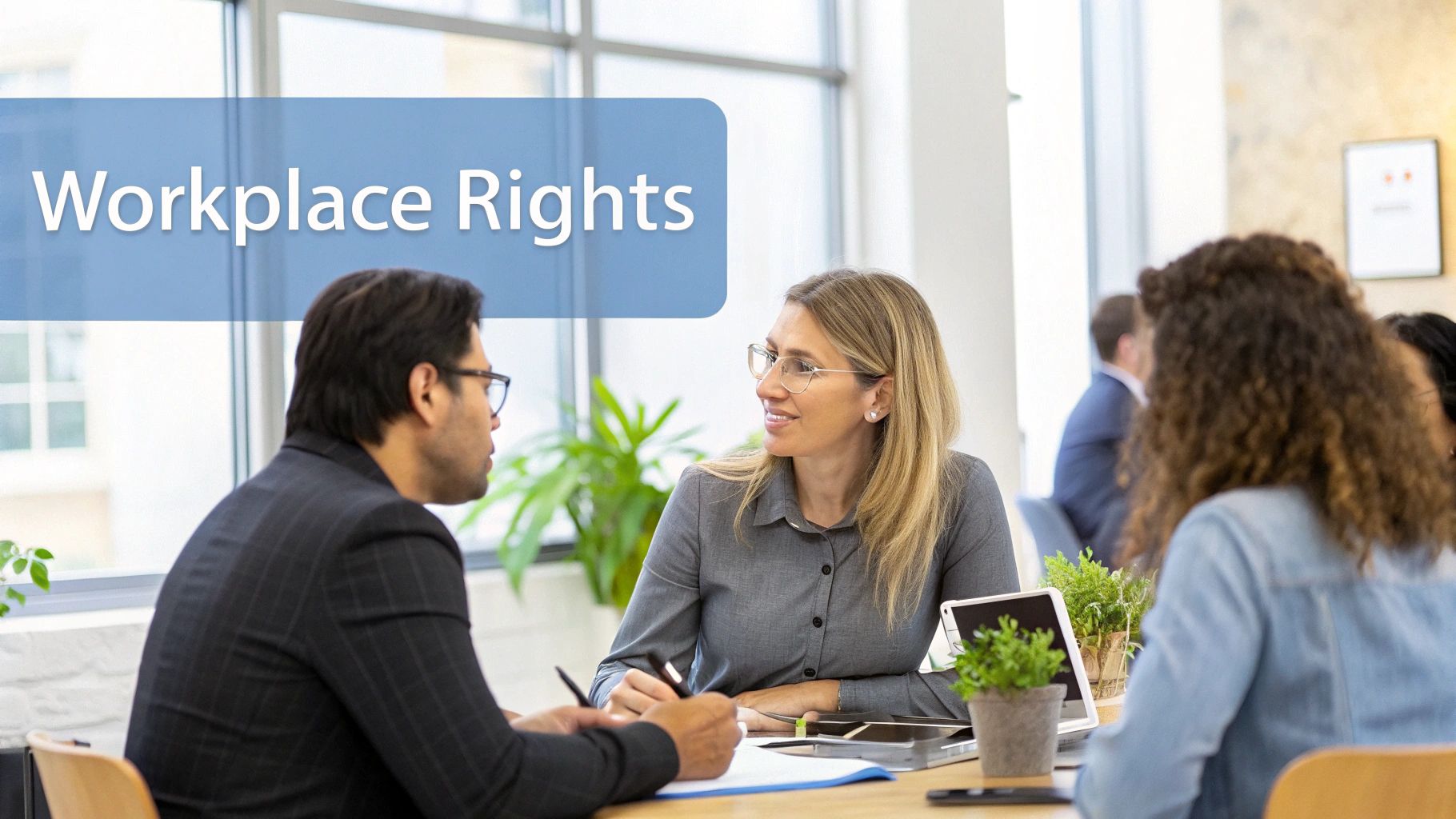 Image of an office setting with a magnifying glass over a document, symbolizing the scrutiny of employment law.