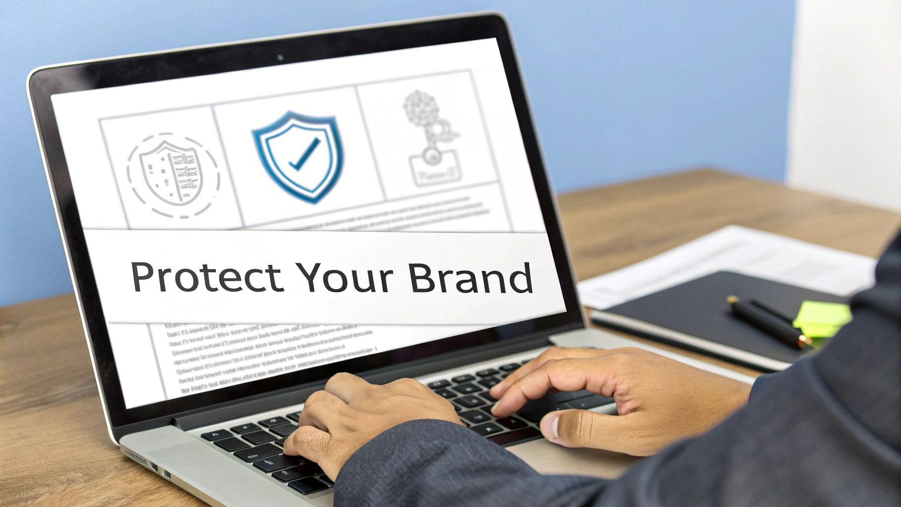 A person typing on a laptop displaying 'Protect Your Brand' with shield icons, symbolizing digital security.
