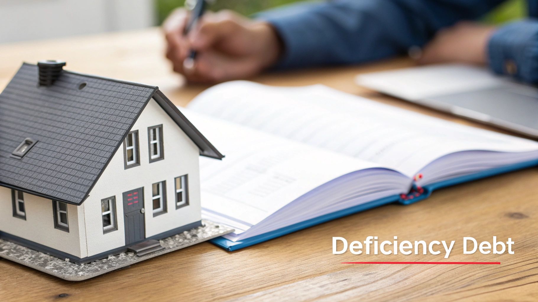 A miniature house model on a wooden desk with an open book and a person writing, symbolizing deficiency debt.