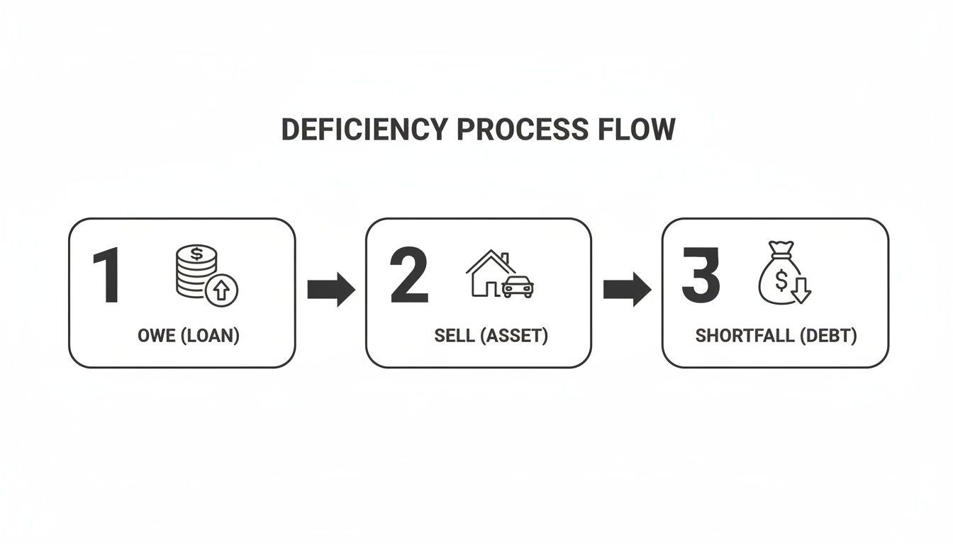 Deficiency process flow illustrating owing a loan, selling assets, and the resulting debt shortfall.