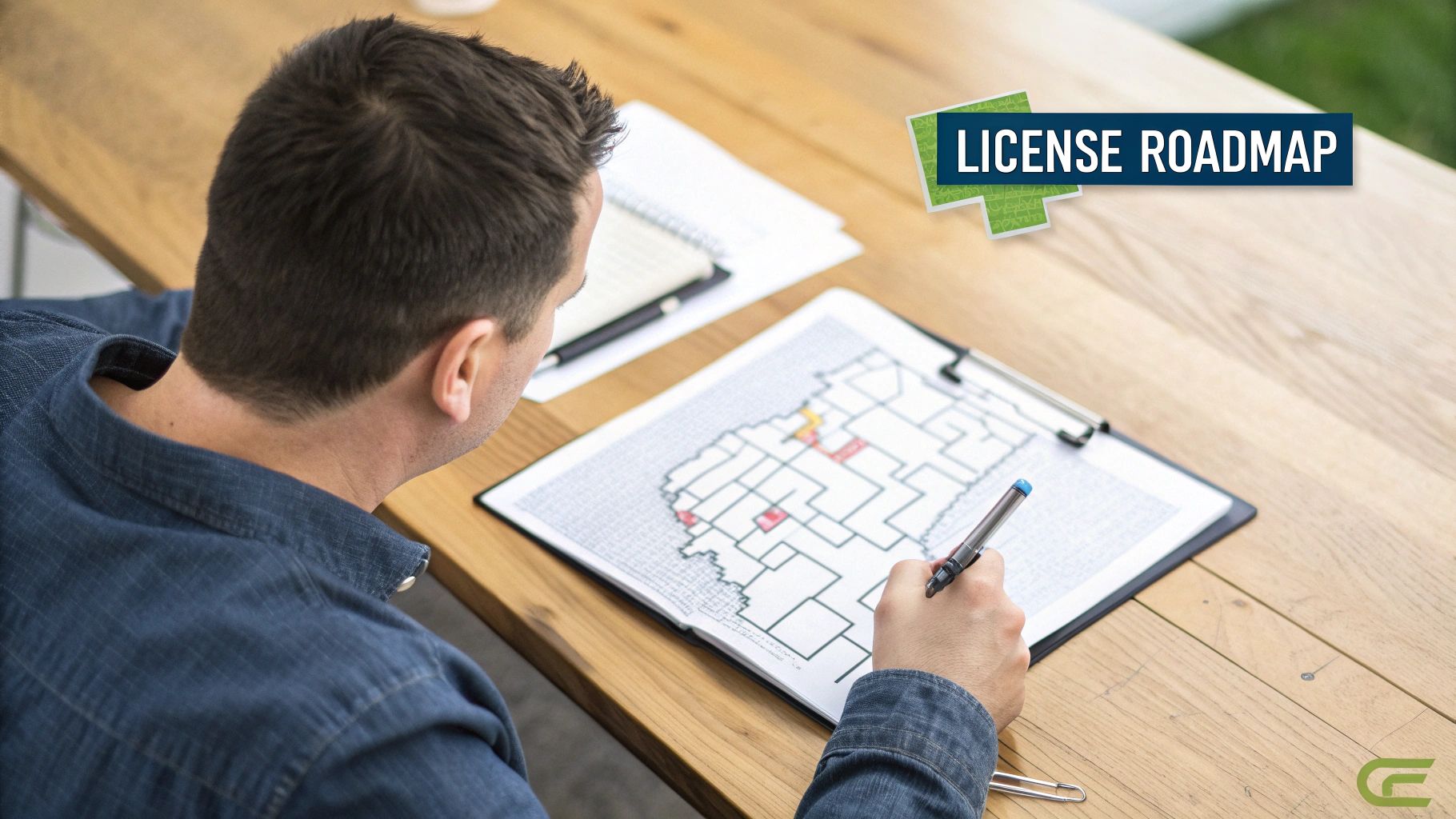 Man reviewing a license roadmap map on a clipboard, highlighting areas with a pen.