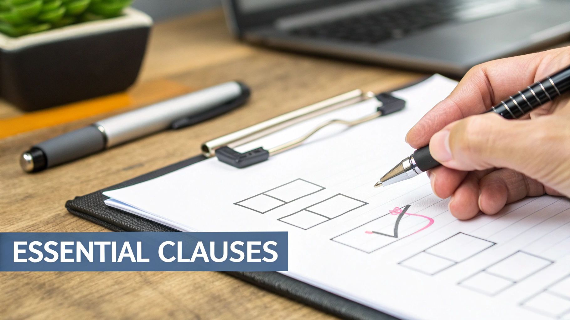 A hand making a checkmark on a document with 'Essential Clauses' title, indicating review or selection.