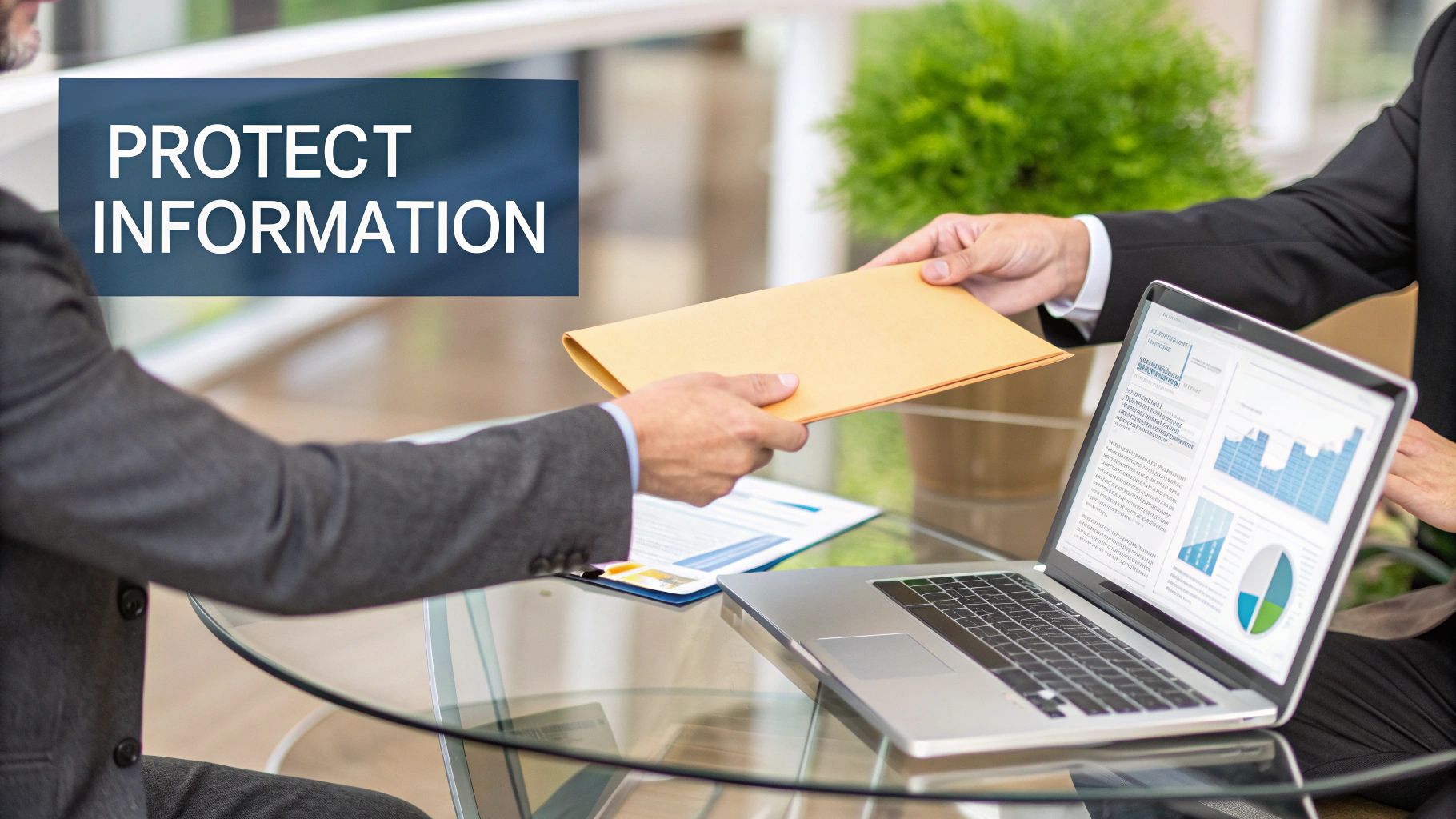 Two businessmen exchange a confidential document across a table with a laptop showing data. Text: PROTECT INFORMATION.