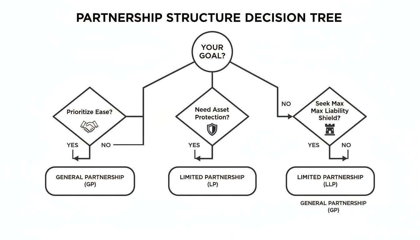 A decision tree diagram illustrating choices for business partnership structures based on goals like ease, asset protection, and liability.