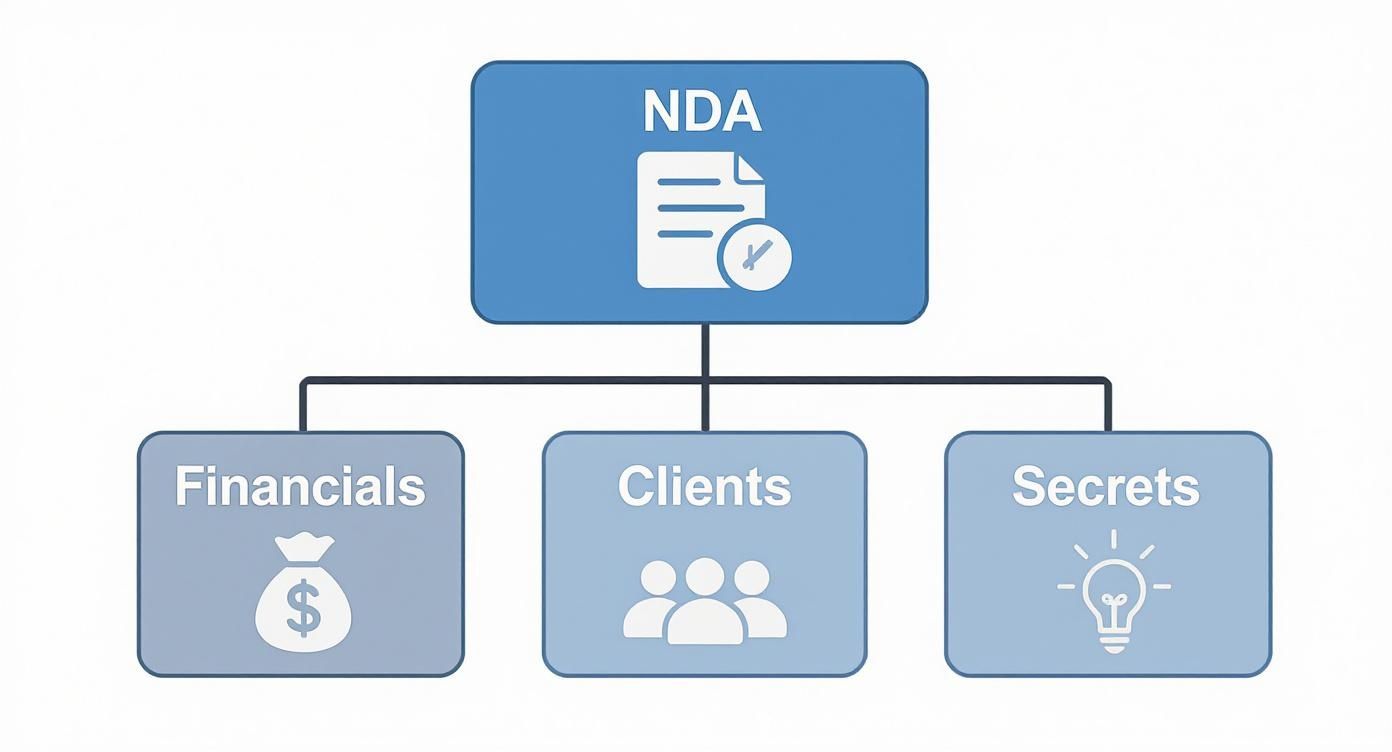 Flowchart illustrating a Non-Disclosure Agreement (NDA) covering company financials, client lists, and trade secrets.