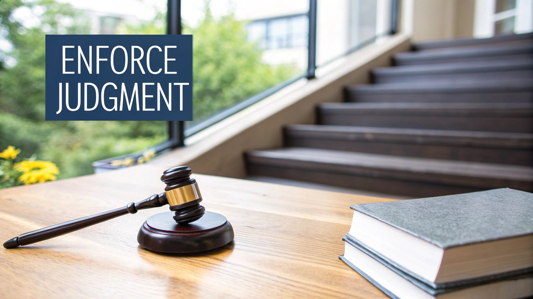 A judge's gavel and two books on a wooden desk, with 'ENFORCE JUDGMENT' text.