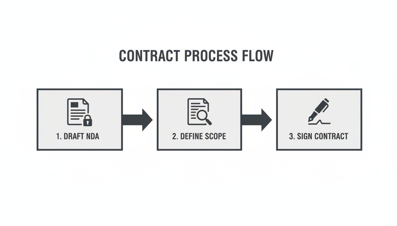 Contract process flow diagram showing steps: draft NDA, define scope, and sign contract.