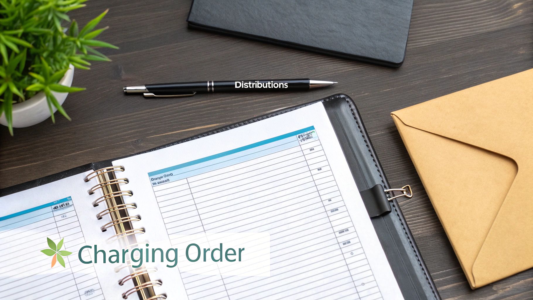 Flat lay of an office desk with a pen, open planner, plant, and 'Charging Order' text.