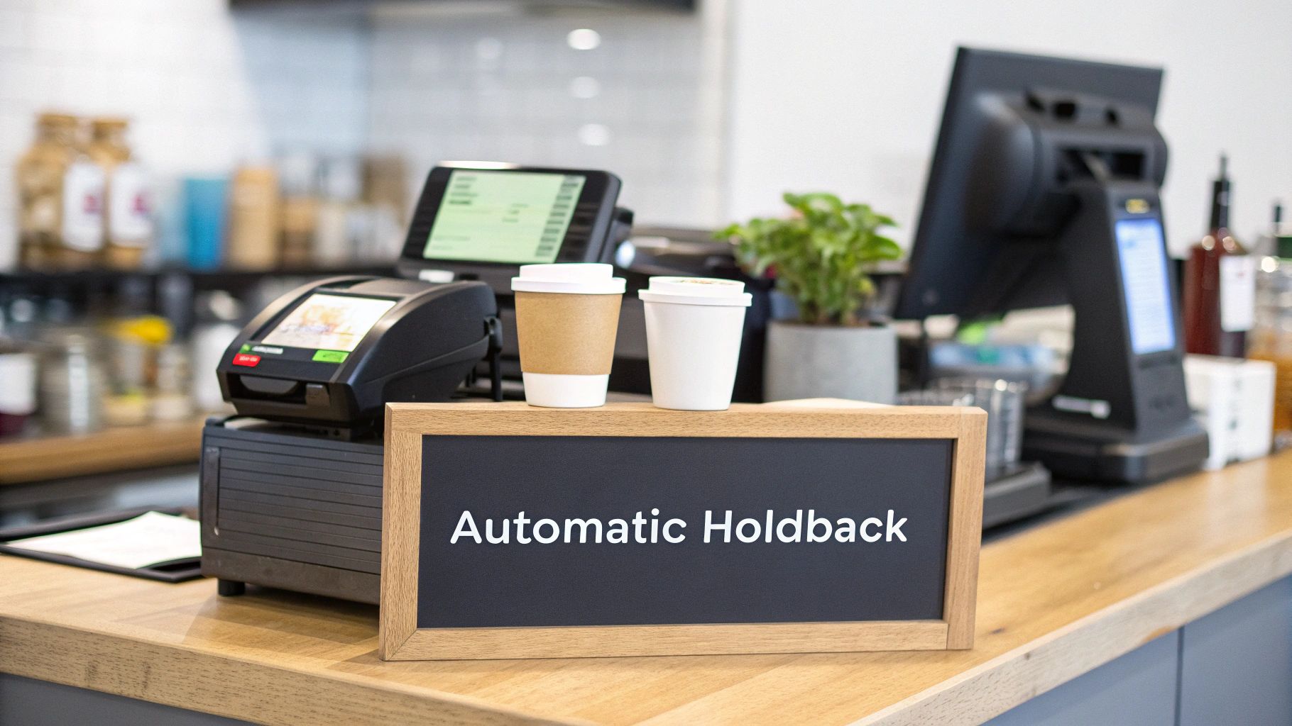 A coffee shop counter featuring a point-of-sale system, two coffee cups, and an 'Automatic Holdback' sign.