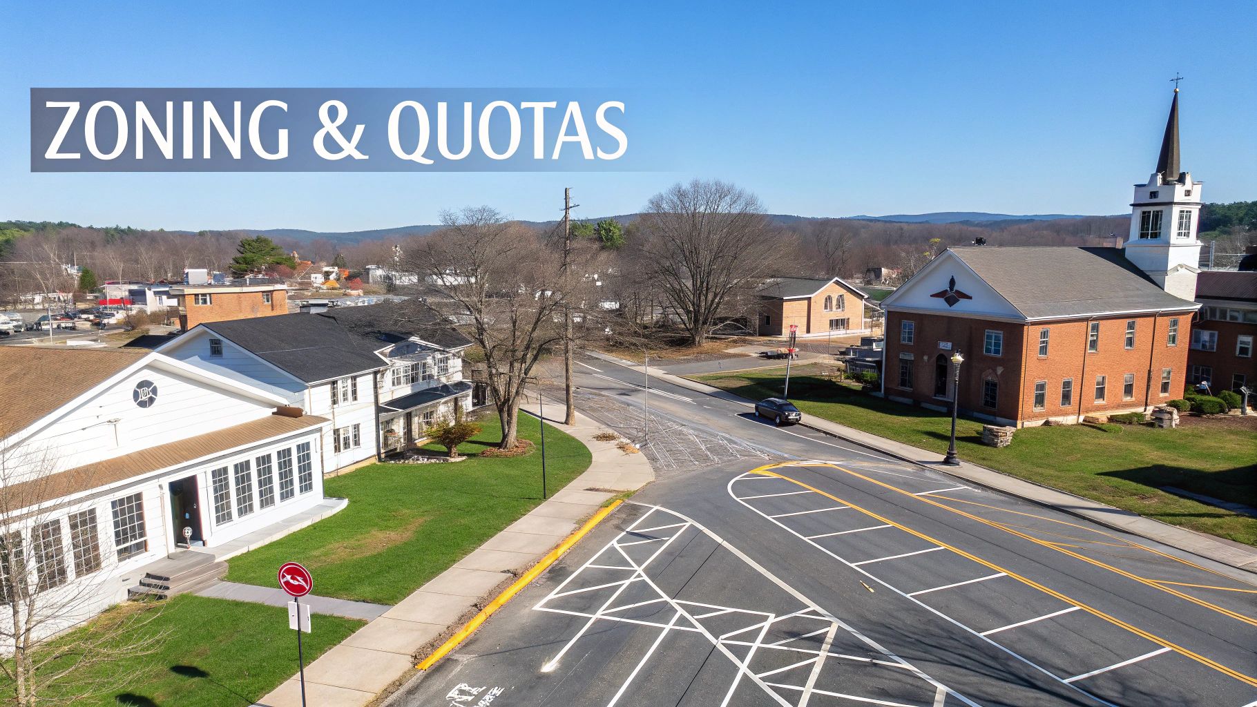 Aerial view of a small town with a church, houses, roads, and text overlay 'ZONING & QUOTAS'.