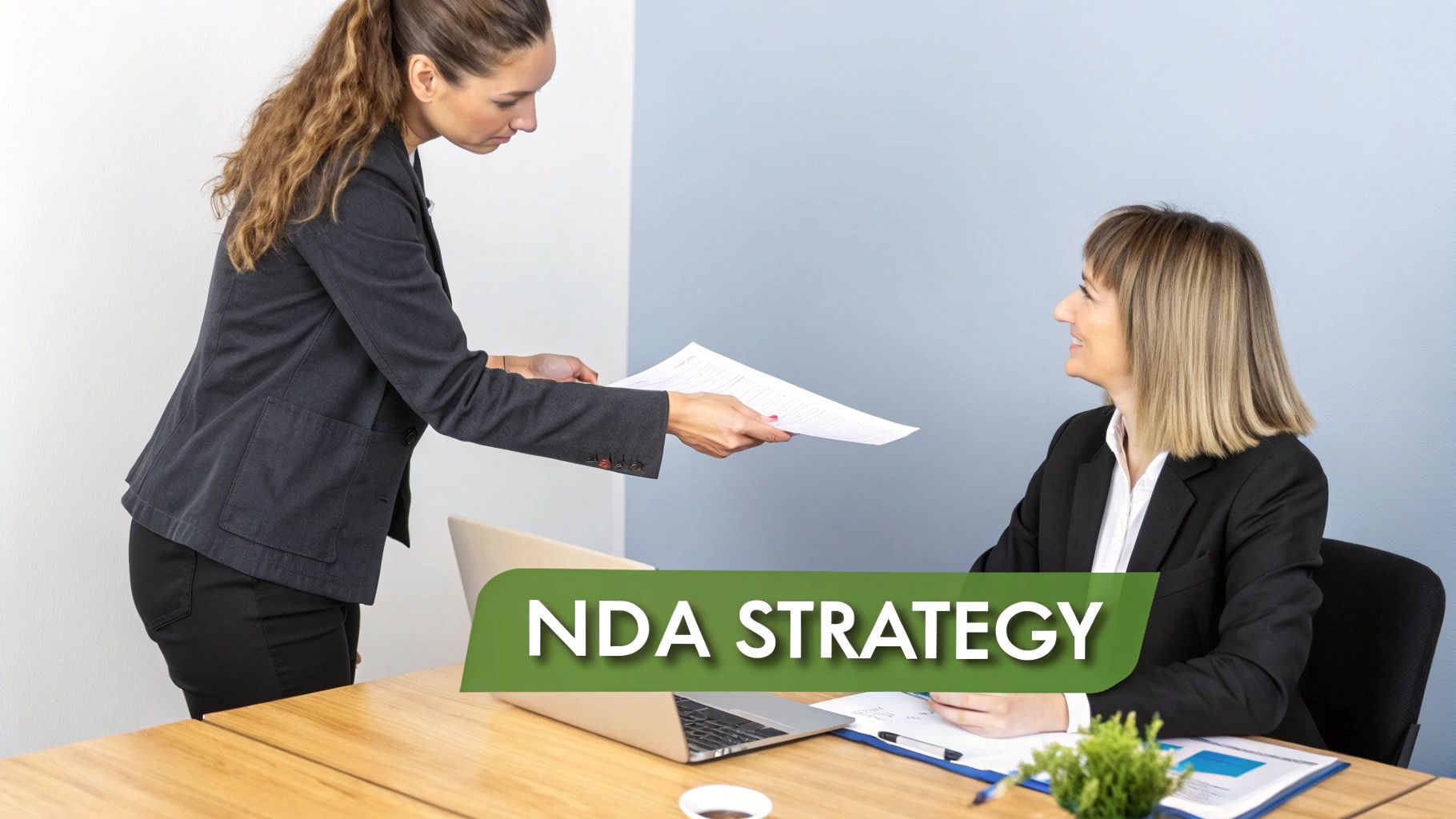 Two businesswomen discussing an NDA strategy, with one handing documents to the other at a desk.