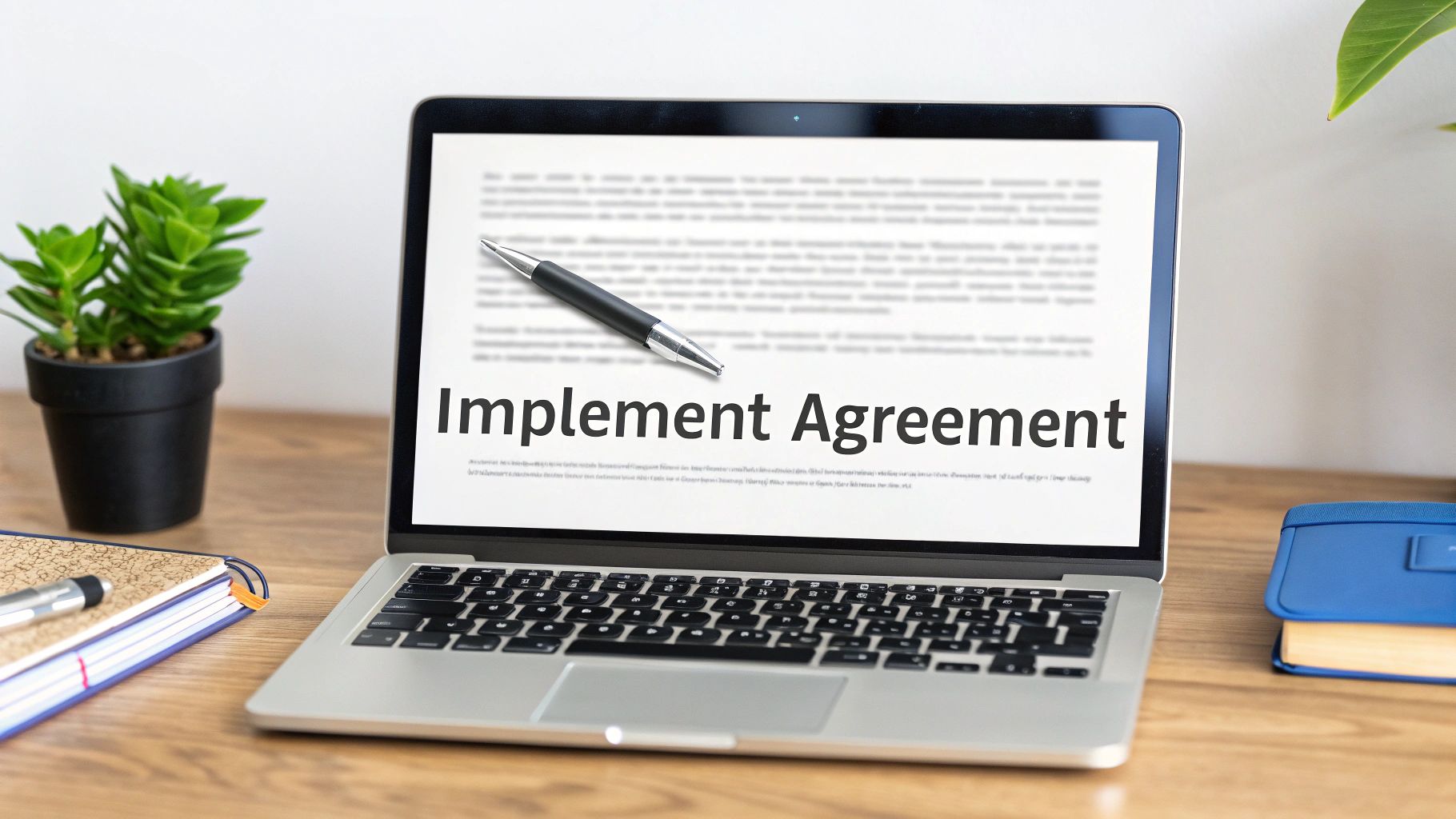 A laptop screen displaying 'Implement Agreement' with a pen, a plant, and books on a wooden desk.