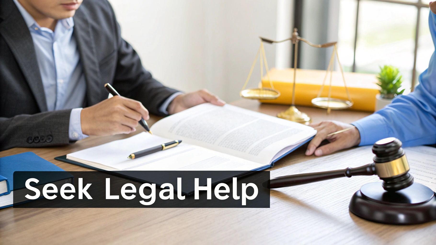 Two professionals discussing legal matters at a desk with an open book, a gavel, and scales of justice.