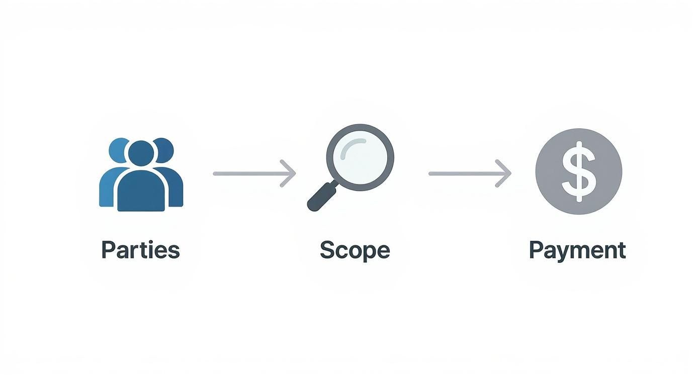 Infographic showing a decision tree for contract readiness with steps for Parties, Scope, and Payment