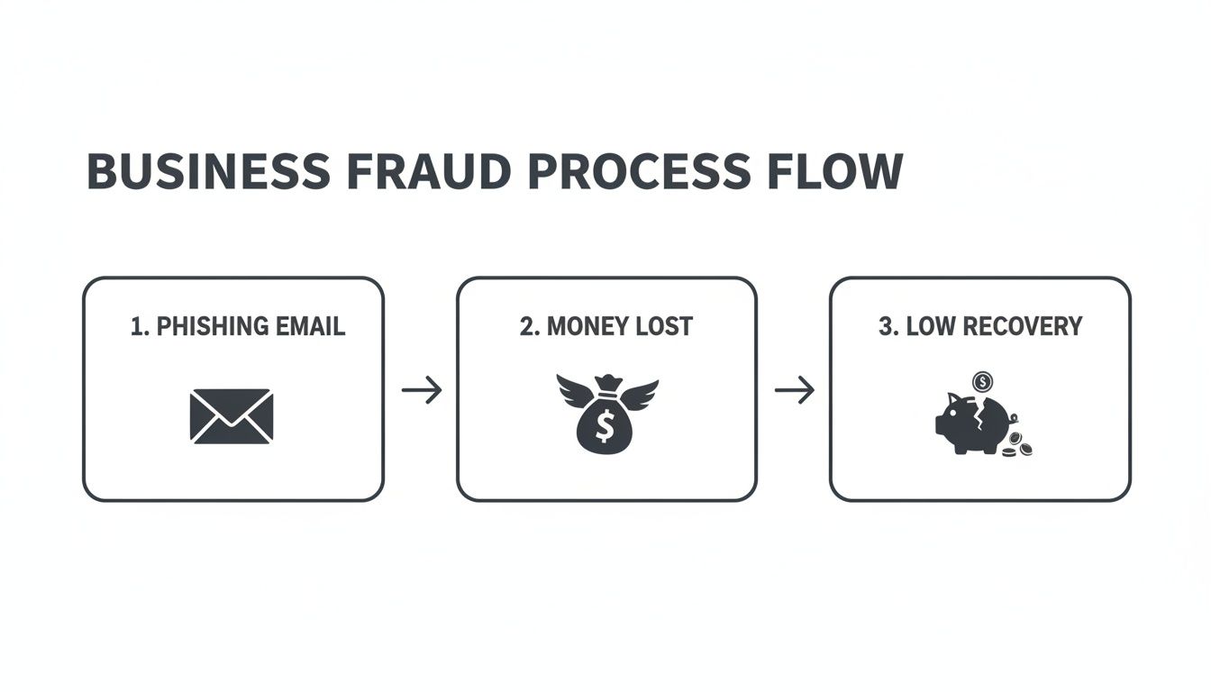 A business fraud process flow diagram showing phishing email, money lost, and low recovery steps.