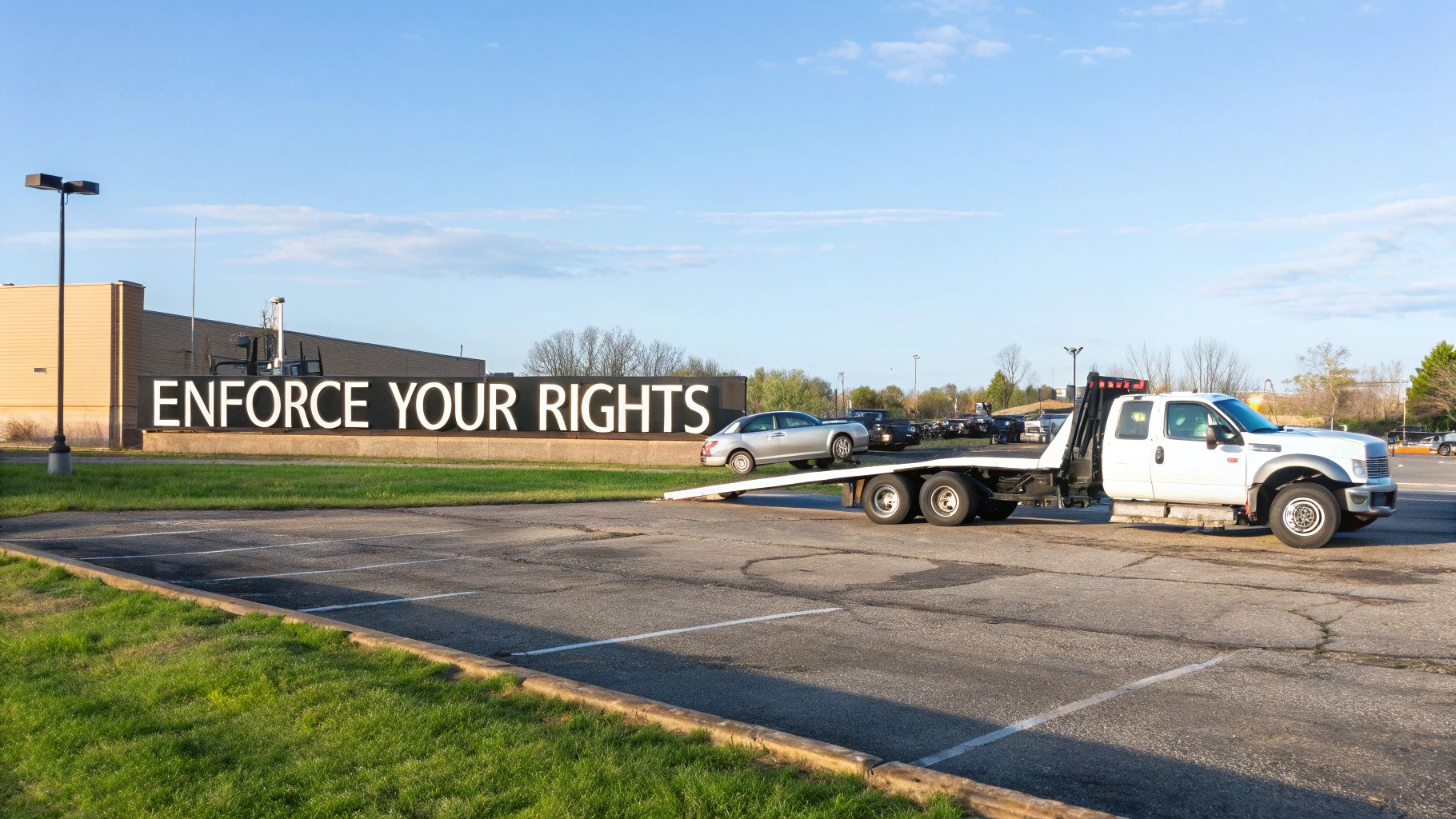 A tow truck loads a silver car onto its flatbed in a parking lot, with a sign saying 'ENFORCE YOUR RIGHTS'.