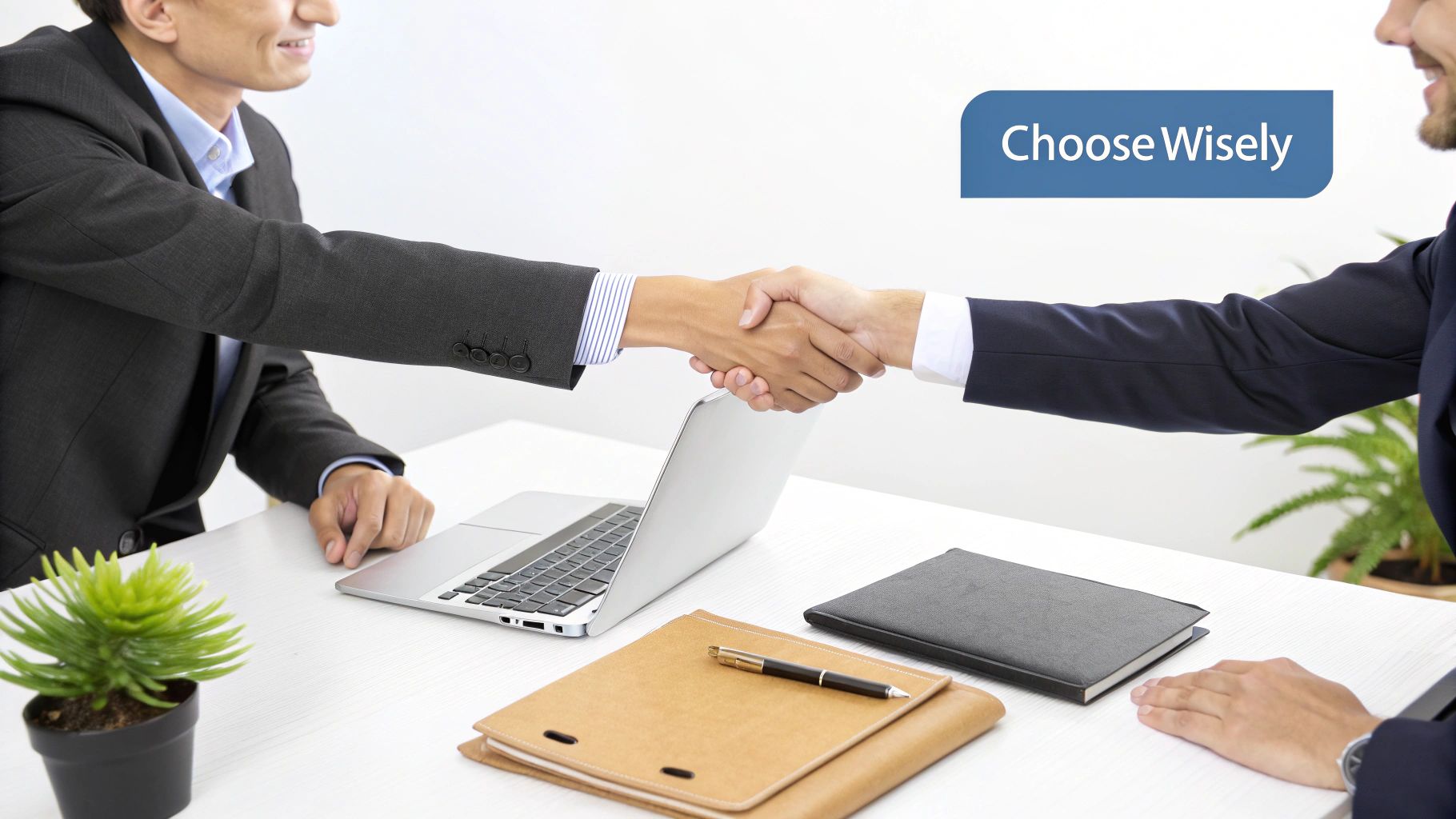 Two men in suits shaking hands across a white desk with a laptop, symbolizing a business agreement.